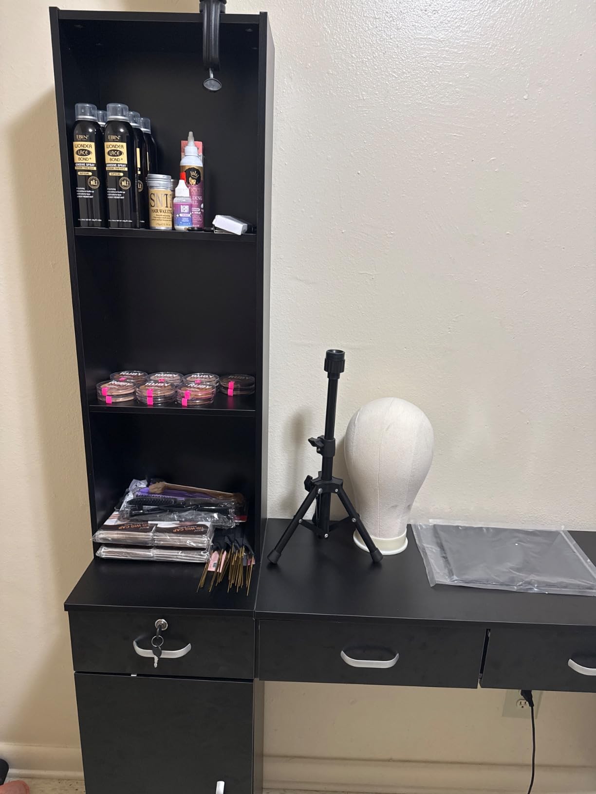 VEVOR Salon Station, Wall Mount Barber Station for Hair Stylist, Beauty Spa Furniture Set, 1 Storage Cabinet, 3 Cubbies and 2 Drawers(One Lockable), Black and Red customer photo 2