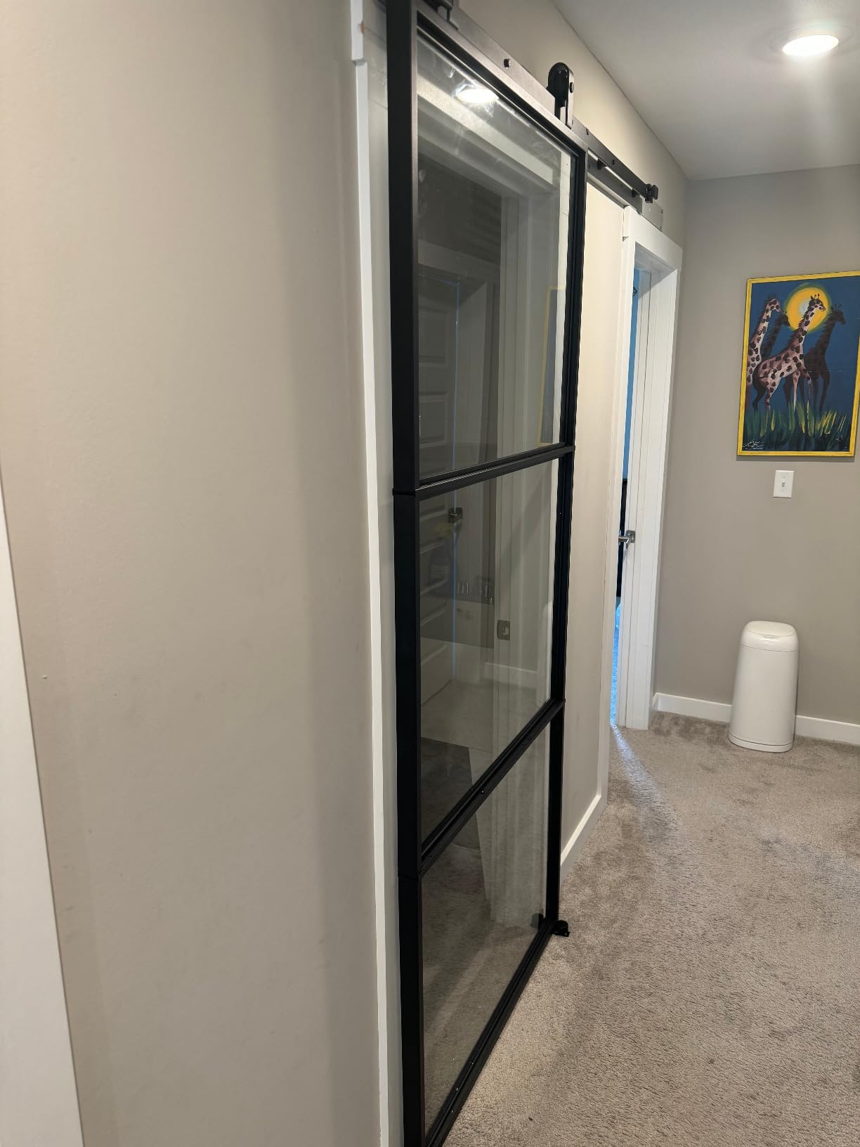 24 in. x 84 in. Full Lite Frosted Glass Black Steel Frame Interior Sliding Barn Door with Hardware Kit and Door Handle customer photo 1