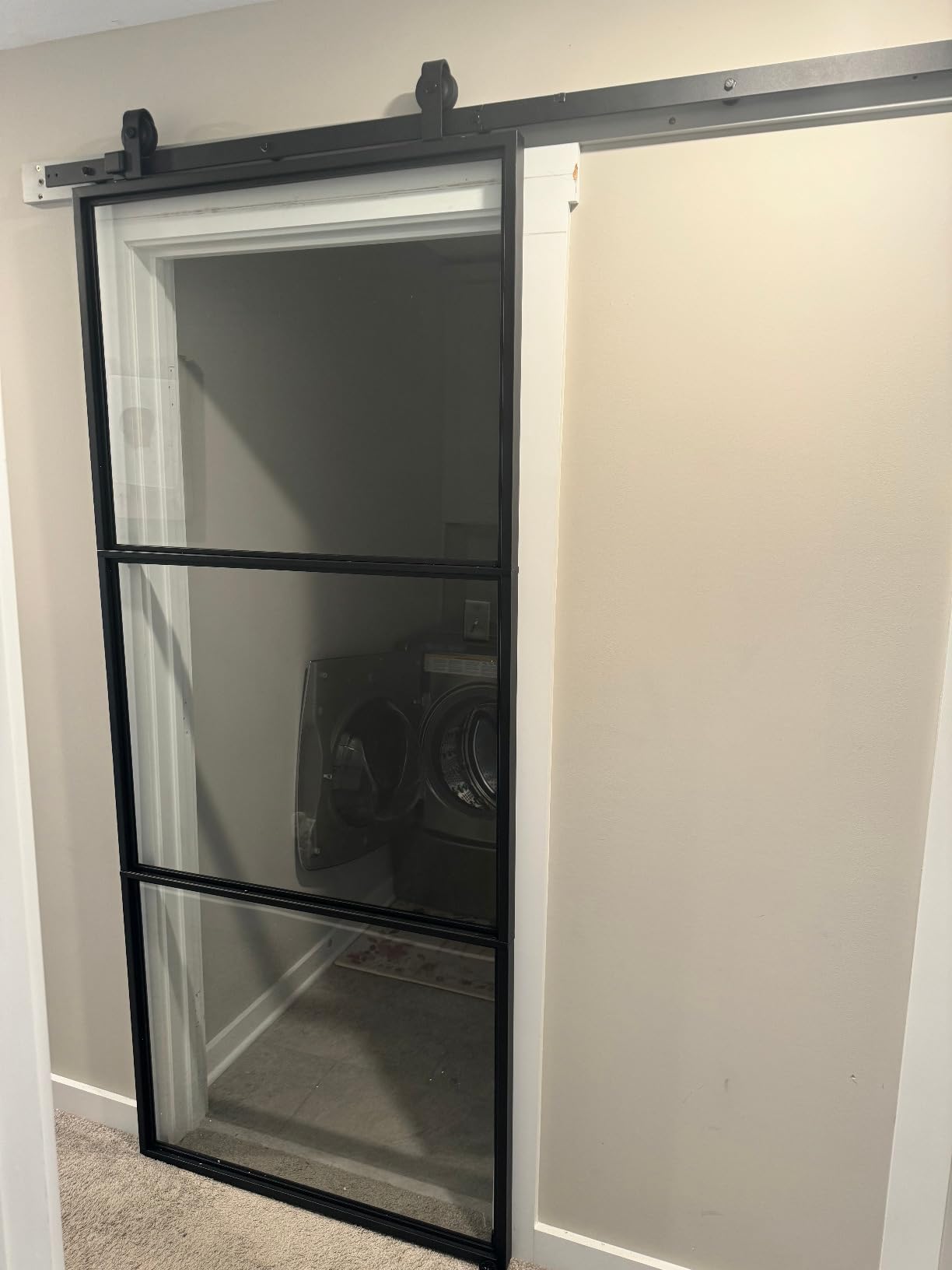 24 in. x 84 in. Full Lite Frosted Glass Black Steel Frame Interior Sliding Barn Door with Hardware Kit and Door Handle customer photo 2
