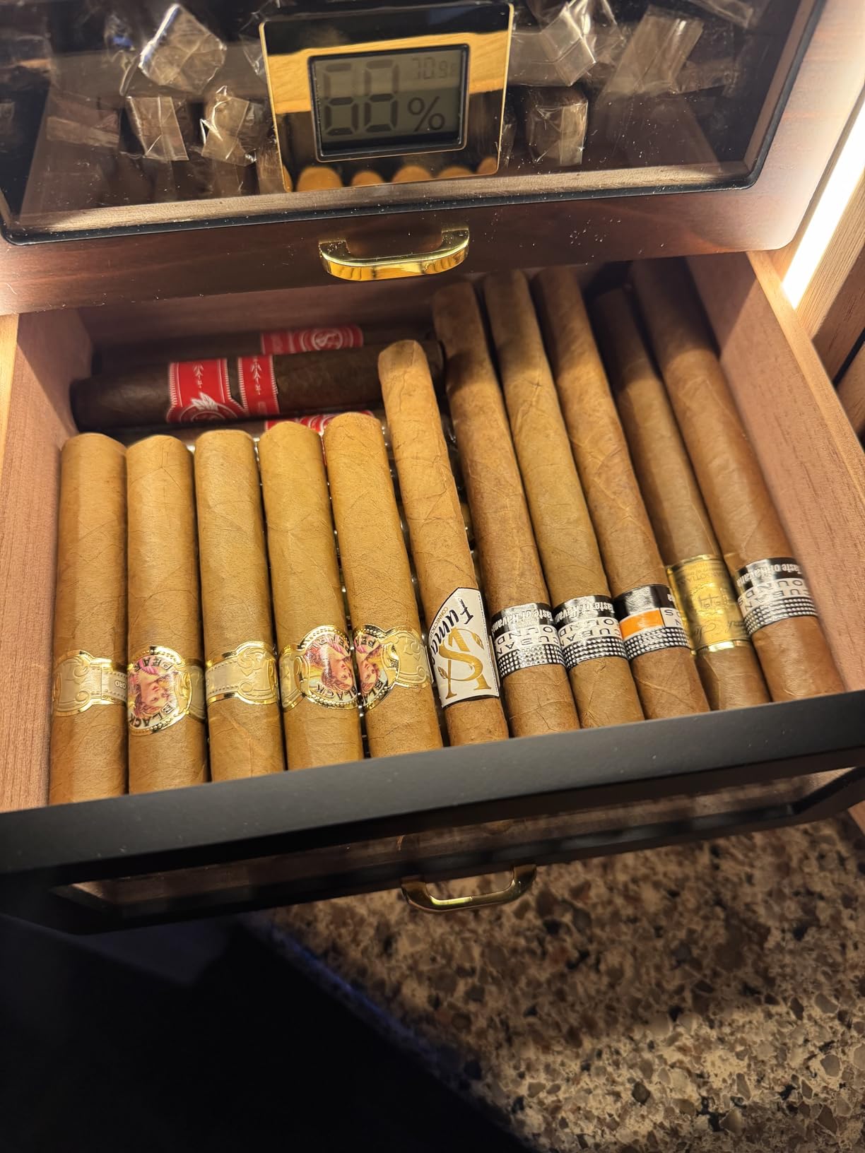 Desktop Cigar Humidor Cabinet Triple-Sided Light with Digital Hygrometer, Humidifier and Humidity Packs. 4 Cedar Wood Drawers, Cigar Humidor Box can Hold 200 Cigars. Present for Men customer photo 2