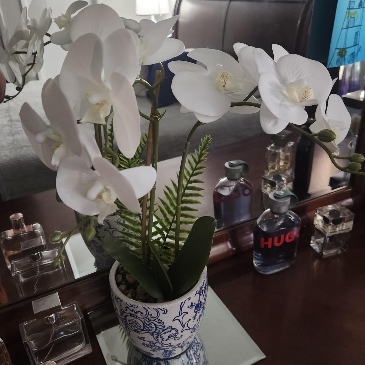 Briful Orchid Artificial Flowers 19.6in White Orchid Silk Floral Arrangement with Blue and White Ceramic Pot Fake Orchid Plant for Home Office Dining Room Table Centerpiece Decor customer photo 2