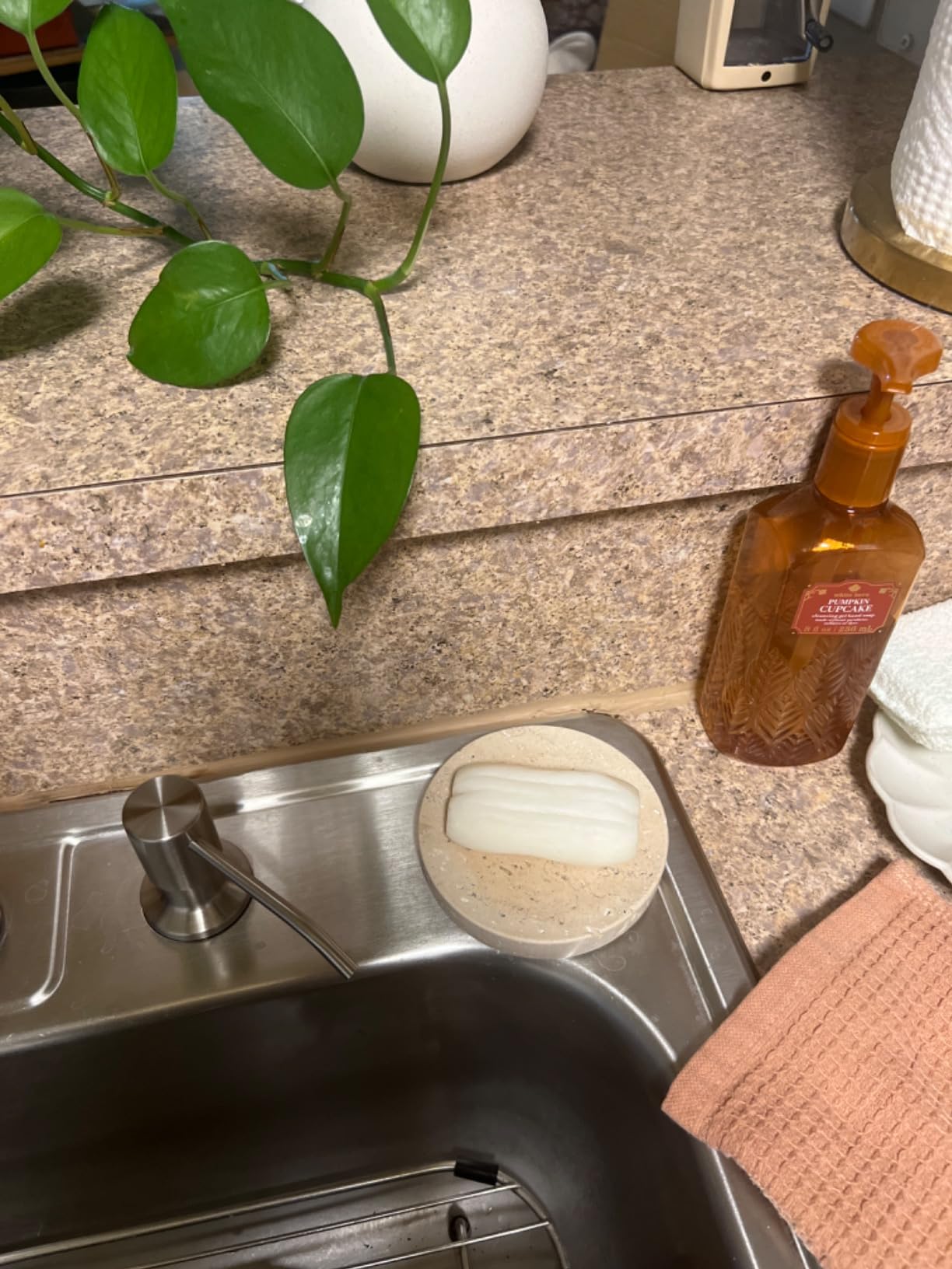 WORHE Marble Soap Dishes Natural Travertine Stone Sponge Holder for Bathroom Tub Shower Kitchen Sink, Handcraft Round Soap Case Trinket Plate Jewelry Tray Coaster for Home Decor Color Beige (WH046) customer photo 2