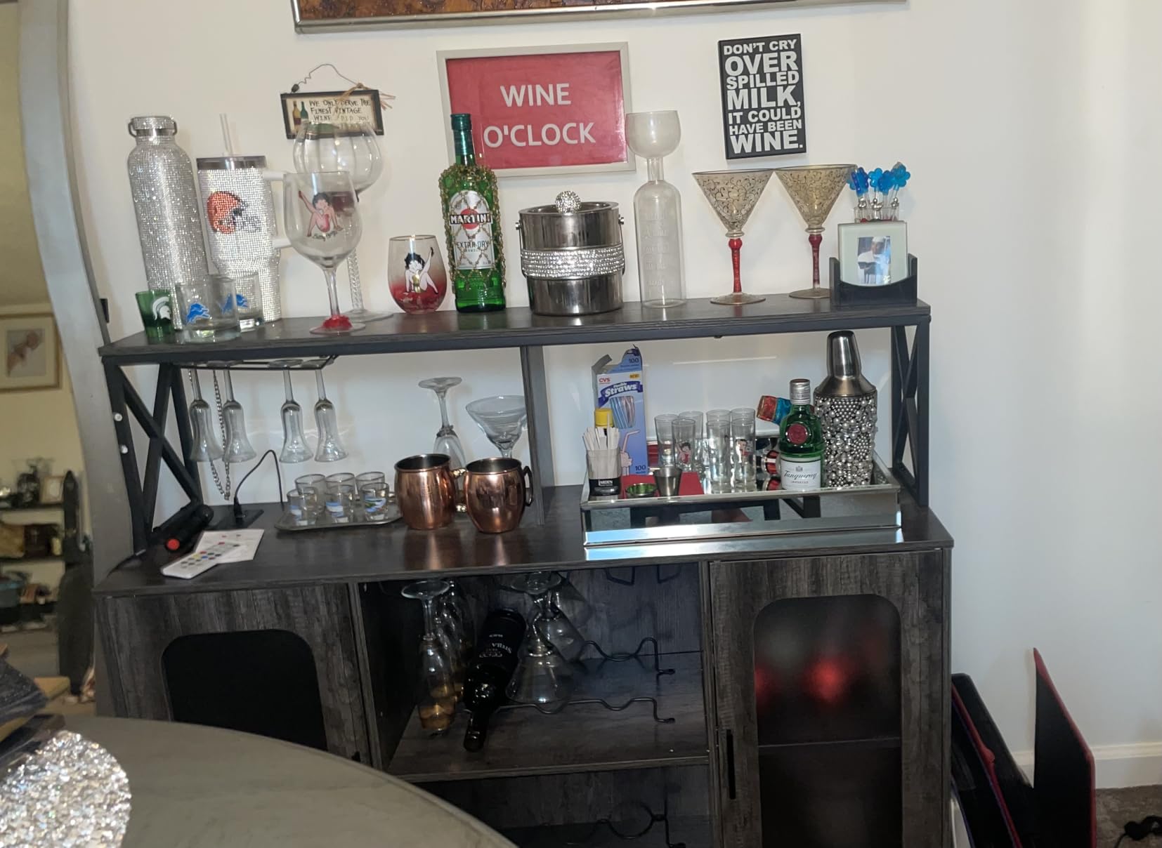 Aheaplus Bar Cabinet with Power Outlets, Liquor Cabinet (Grey Oak) customer photo 1
