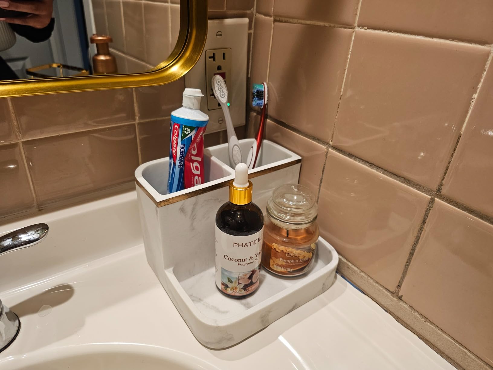 Shinowa Bathroom Accessories Set, Marble Look Toothbrush Holder and Soap Dispenser Set, Bathroom Countertop Décor Sets with Lotion Dispenser Soap Pump, Tumbler, Bathroom Organizer Accessories customer photo 2