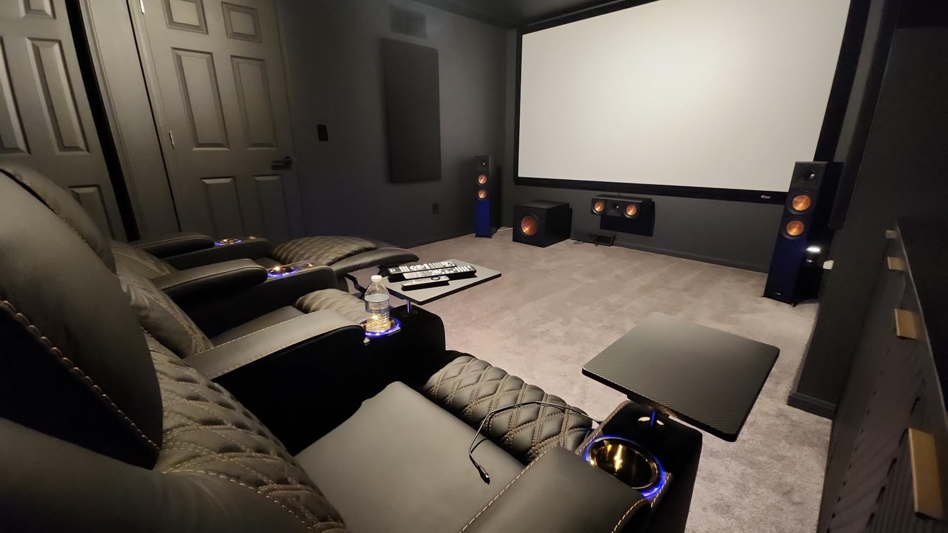 Weilianda Chic Top Grain Leather Home Theater Seating Power Headrest Recling Movie Gaming Recliner Sofa with 7 Colors Ambient Lighting, Golden Cup Holder Carbon Fiber Tray Table Row of 2 Blue customer photo 1