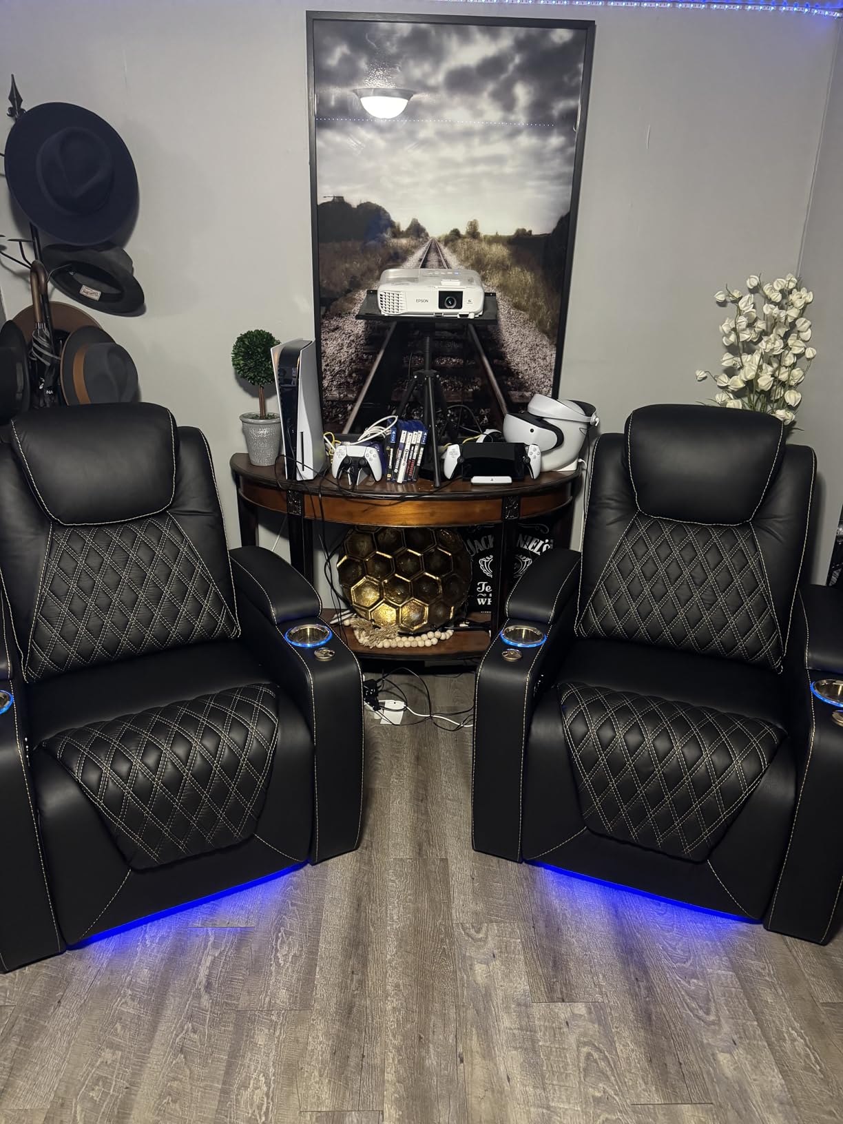 Weilianda Chic Top Grain Leather Home Theater Seating Power Headrest Recling Movie Gaming Recliner Sofa with 7 Colors Ambient Lighting, Golden Cup Holder Carbon Fiber Tray Table Row of 2 Blue customer photo 2