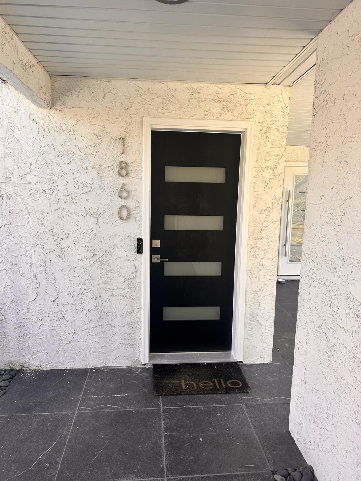 36 x 80 Fiberglass Entry Door with Brickmould, Frosted Glass, Black Finished Knock-Down Fiberglass Door - Contemporary Style for Home's Front Entrance, Right Hand Inswing with Vinyl Frame customer photo 1