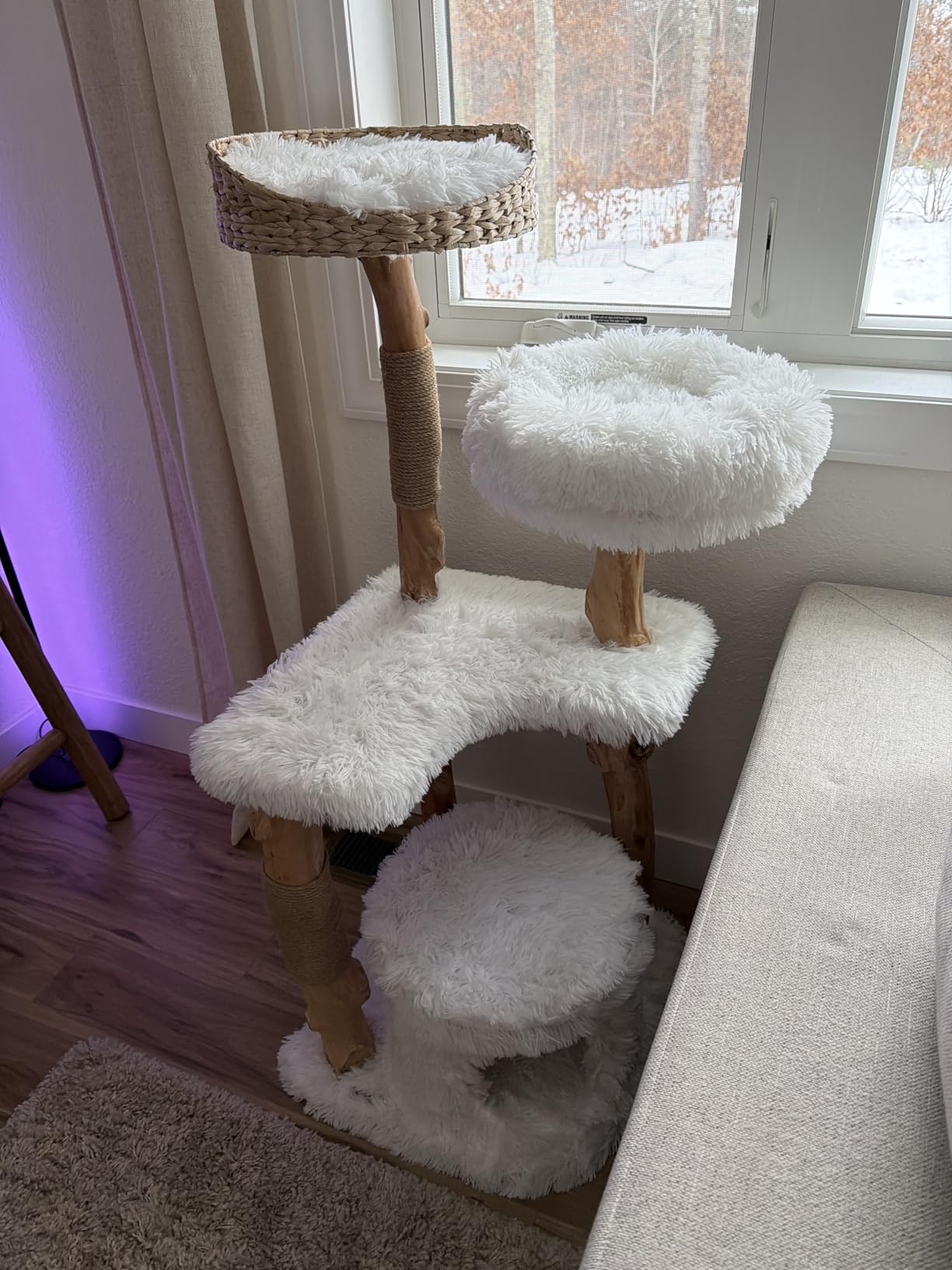 Tangkula Solid Wood Cat Tree, Modern Wooden Cat Tower with Perch, Jute Scratching Posts, Dangling Ball, Soft Long Plush, Luxury Cat Condo, Natural Branch Cute Cat Tree for Indoor Cats customer photo 2