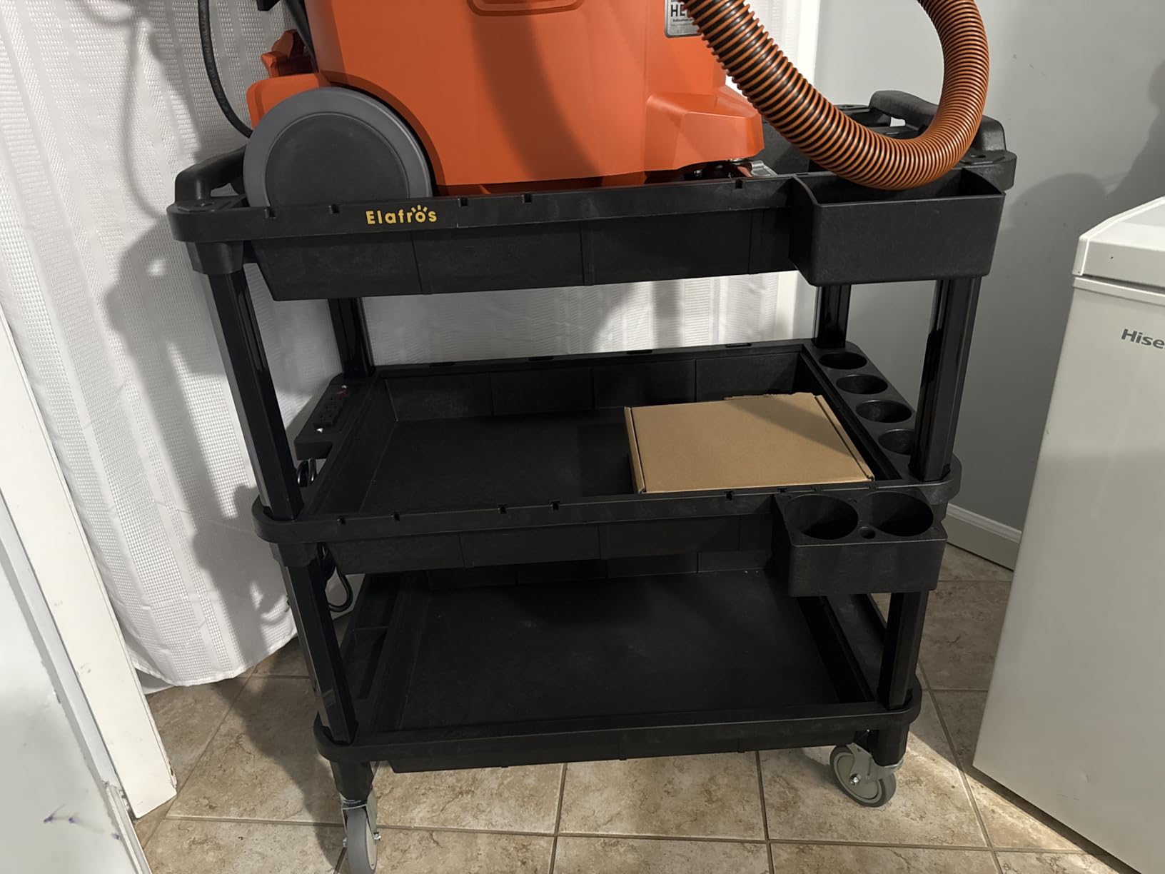 ELAFROS Multi-Use Rolling Cart with Power Strip - Industrial-Grade Plastic Utility Cart with 3 Deep Plastic Shelves, 500 lbs Capacity, 32.4
