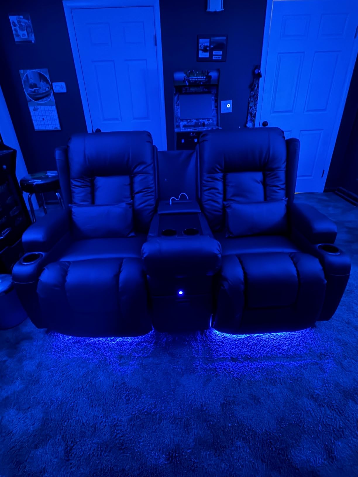 IPKIG Power Loveseat Recliner Sofa, Home Theater Seating with Console, PU Leather Reclining Sofa with 4 Colors LED Lights, AC Outlets, USB-A/C Ports and Cup Holders (Black, 2-Seater) customer photo 2
