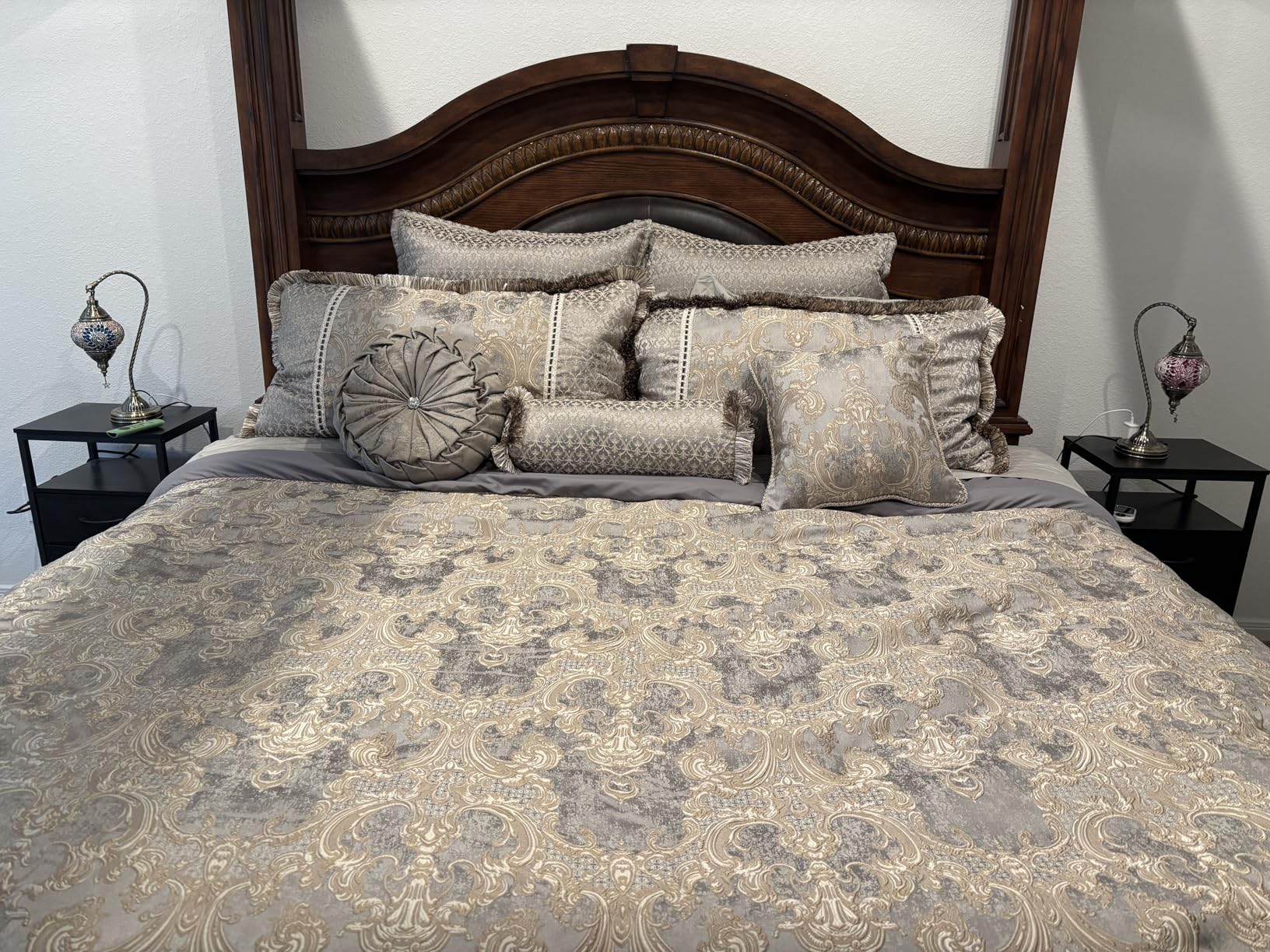Loom and Mill 9-Piece Jacquard Comforter Set King, Royal Elegant Damask Design Comforter Sets, Luxury Bedding Set with Bed Skirt, Euro Shams, Decorative Pillows, All Season(Gray+Beige Brown, King) customer photo 1