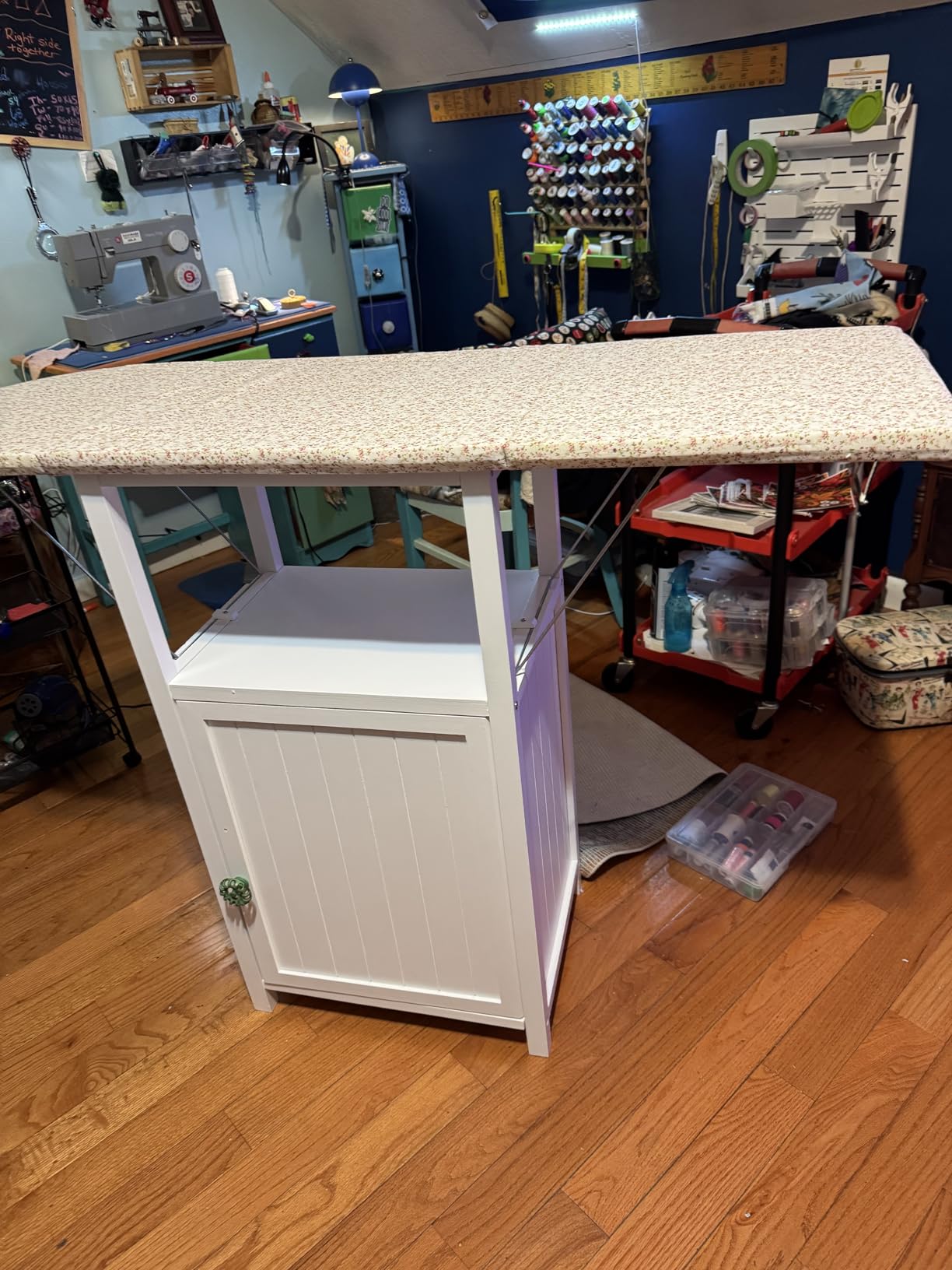 Rolling Ironing Board with Storage Cabinet, Folding Ironing Board with Wheels, Craft Table with Storage, Wooden Fold Down Ironing Station with Heat-Resistant Sponge(White with Wheels) customer photo 1