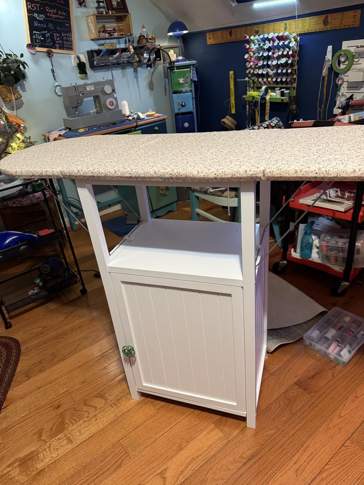 Rolling Ironing Board with Storage Cabinet, Folding Ironing Board with Wheels, Craft Table with Storage, Wooden Fold Down Ironing Station with Heat-Resistant Sponge(White with Wheels) customer photo 2