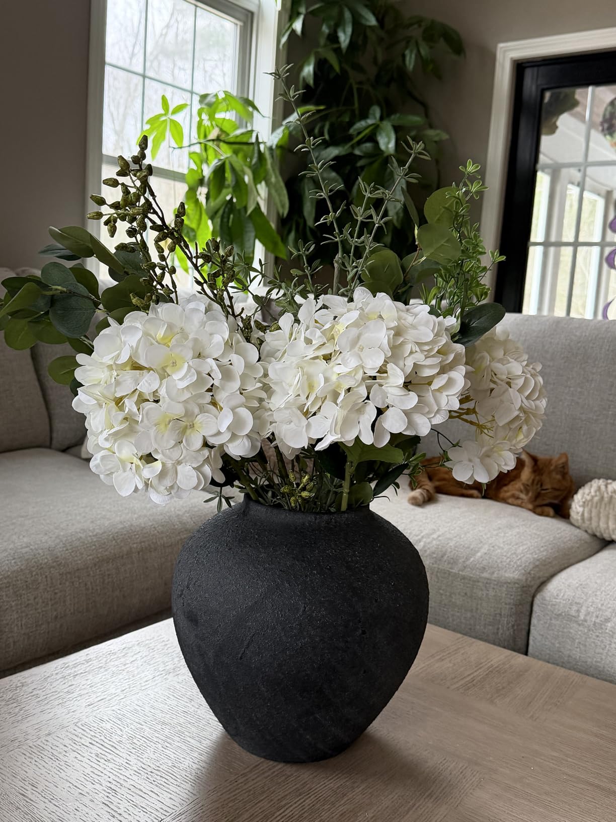 Real Touch White Faux Hydrangea And Eucalyptus Arrangement, Faux Floral Arrangements, Hyper Realistic Artificial Flowers, White Centerpieces For Kitchen Dining Coffee Table Decor (Vase Not Included) customer photo 1