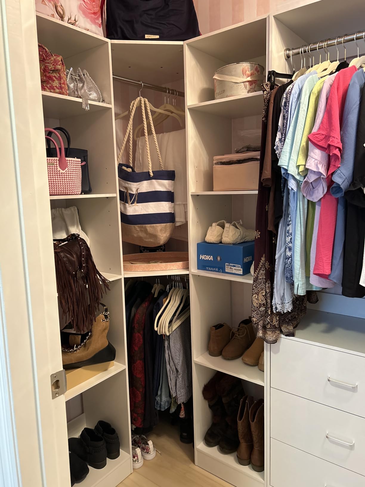 Besiost Corner Closet System with 3 Drawers, Corner Closet Organizer System with 13 Shelves & 3 Hanging Rods, 63.2