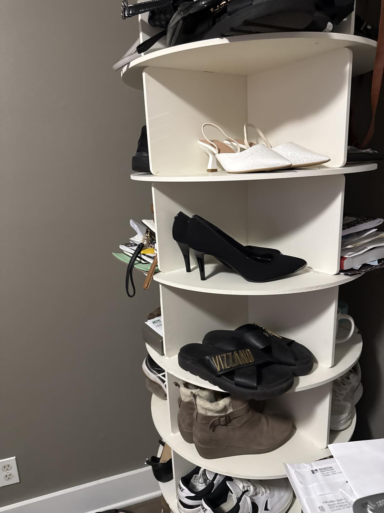 8 Tier Rotating Shoe Rack, Shoe Tower Organizer with 4 Universal Casters, Spinning Lazy Susan Display Storage Rack Round Carousel Vertical Handbag Closet (Natural, 23.6'' x 23.6'' x 74'') customer photo 1