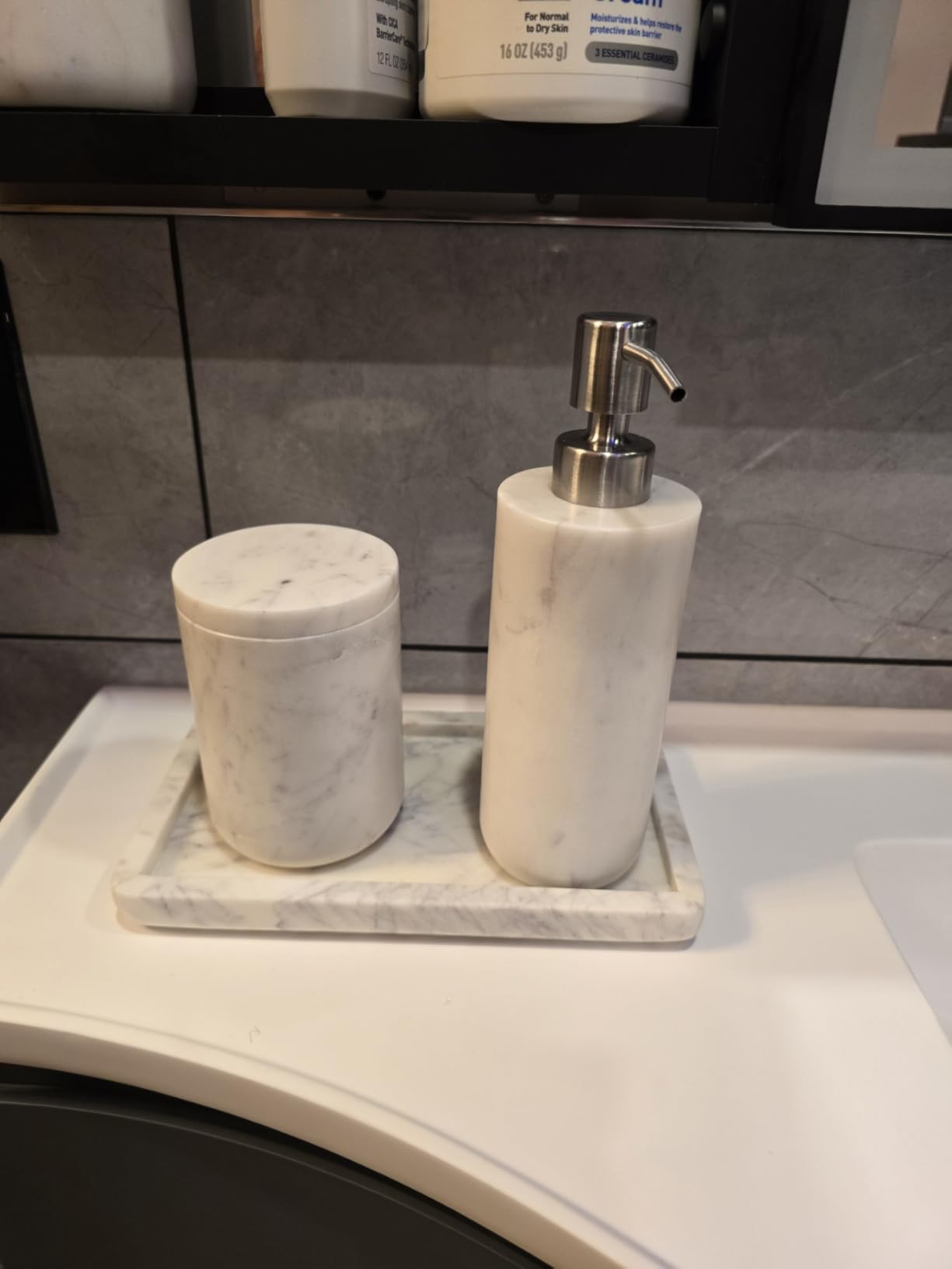 Marble Bathroom Accessories Set, Complete 3 Piece Set with Soap Dispenser, Toothbrush Holder & Canister with Lid for Qtips, White Marble Bath Countertop Vanity Decor Organizer customer photo 1
