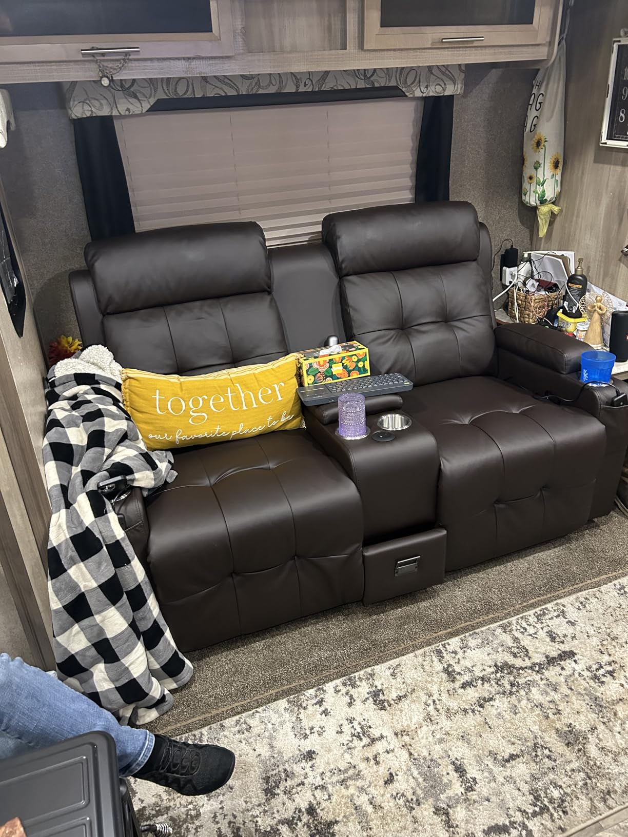 Loveseat Recliner Sofa, 3-Seater Home Theater Seating Massage Reclining Couch with 7 Led Lights, USB, Console, Wall Hugger RV Recliners, 145 Recline & Cup Holders & Side Pockets, for RV & Movie Room customer photo 1
