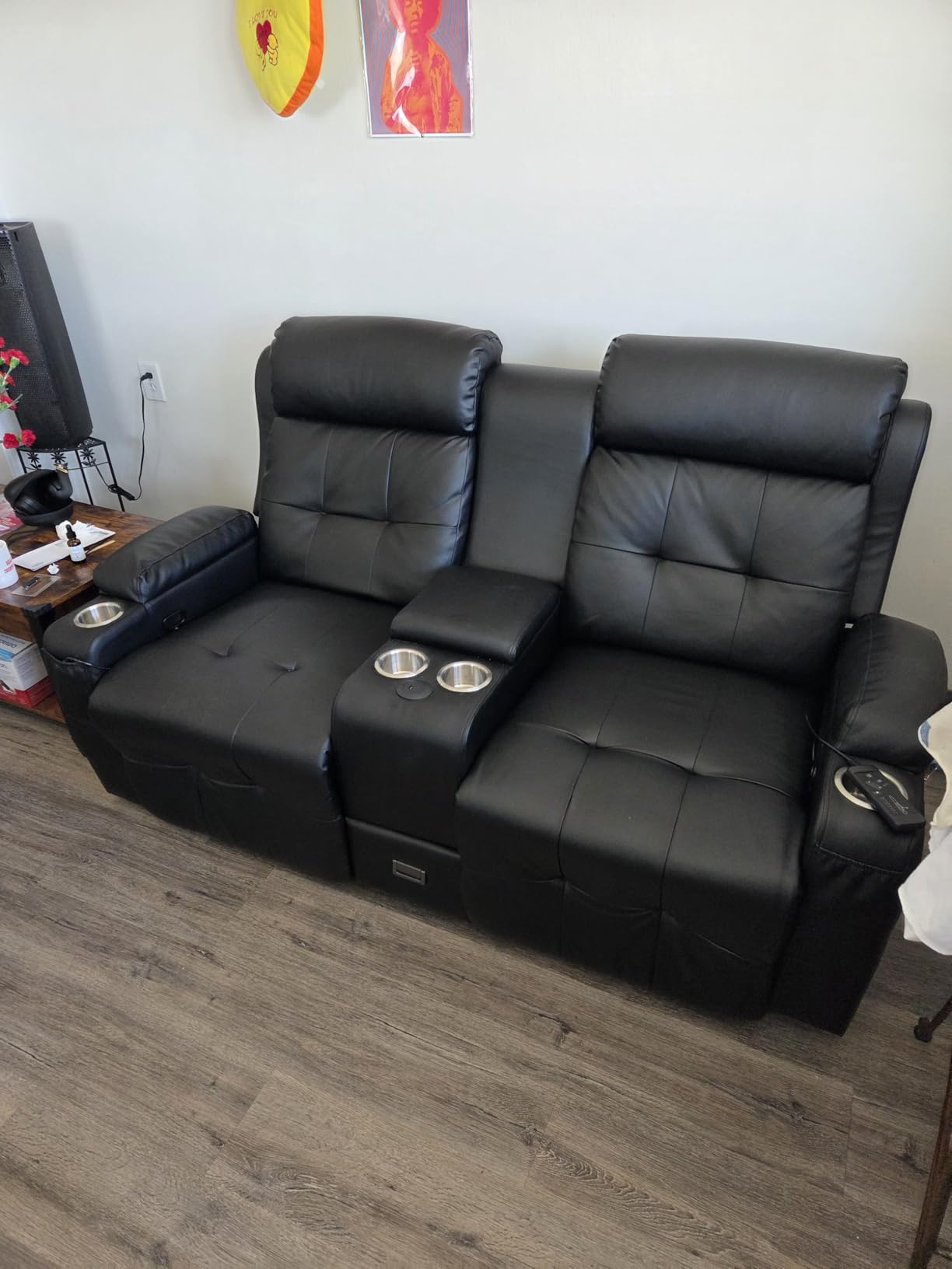 Loveseat Recliner Sofa, 3-Seater Home Theater Seating Massage Reclining Couch with 7 Led Lights, USB, Console, Wall Hugger RV Recliners, 145 Recline & Cup Holders & Side Pockets, for RV & Movie Room customer photo 2