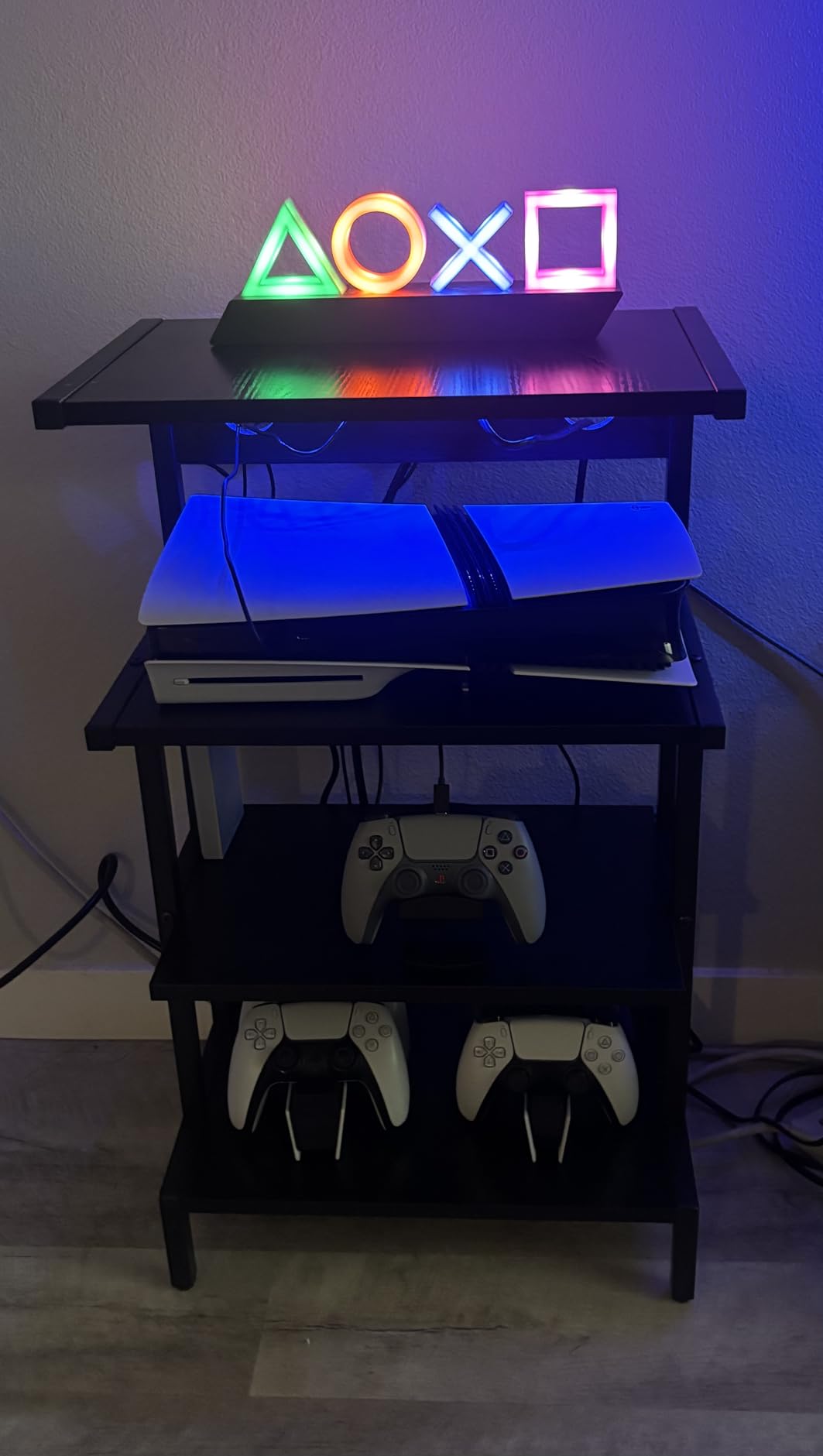 Aquzee Video Game Console Shelf, Stereo Racks - Media Stand with Outlet & Led Strip Light, 4-Tier Gaming Shelf for PS4 PS5 Xbox Games Organizer, Small Entertainment Center, AV Media Stand for CD DVD customer photo 2