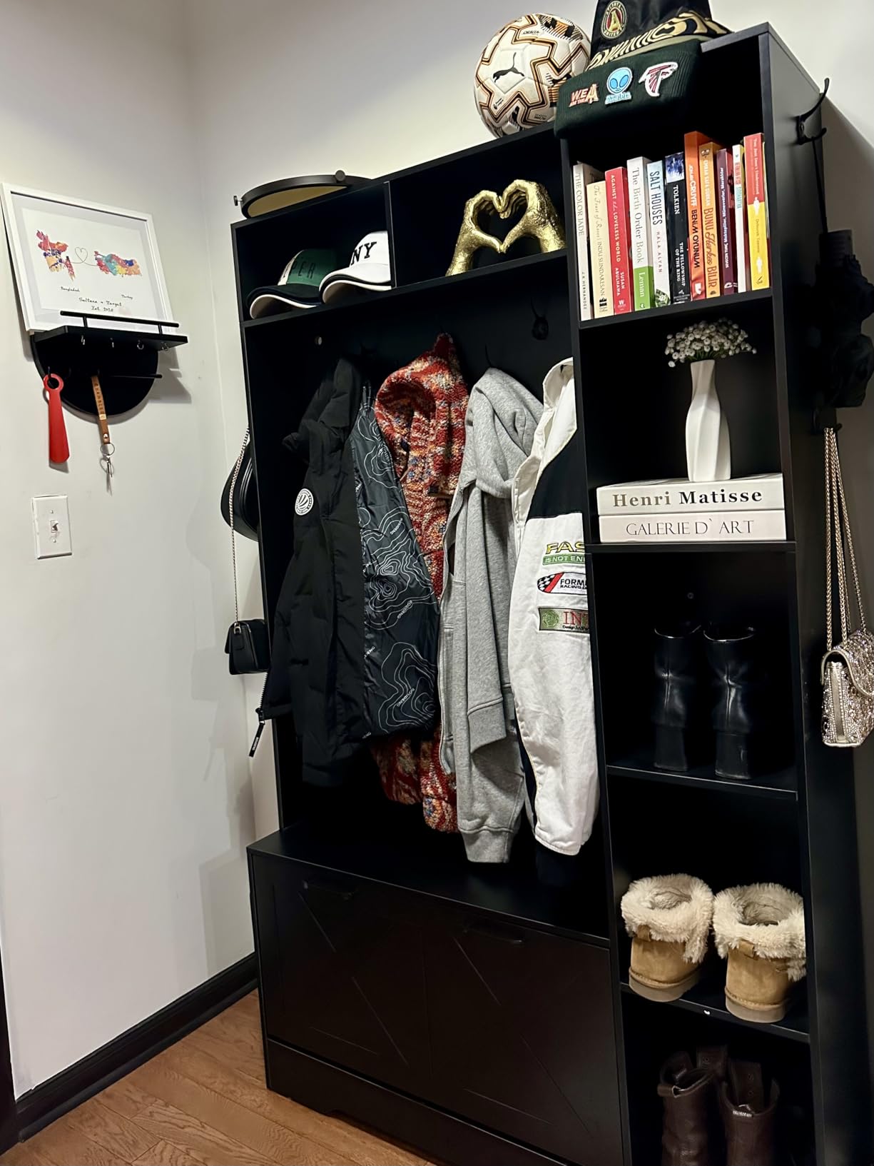 Itaar Hall Tree with Bench and Shoe Storage, Farmhouse Entryway Bench with Coat Rack, Shoe Cabinet with Flip Drawers, 7 Shelves, 10 Coat Hooks, Storage Bag, Led Lights, White customer photo 2