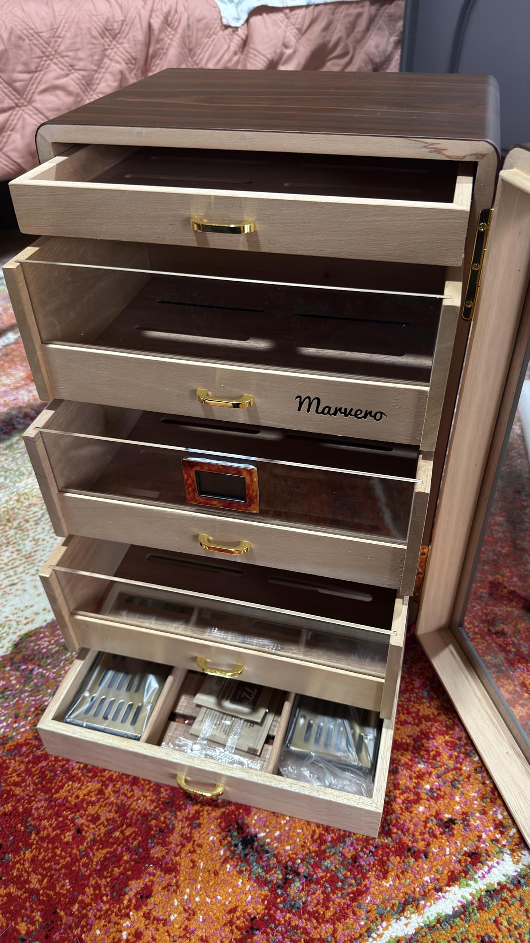 Cigar Humidor, Desktop Cigar Humidor Cabinet Triple-Sided Light with Digital Hygrometer, Humidifier and Humidity Packs. 5 Cedar Wood Drawers,Humidor Cigar Box can Hold 500 Cigars. Present for Men customer photo 1