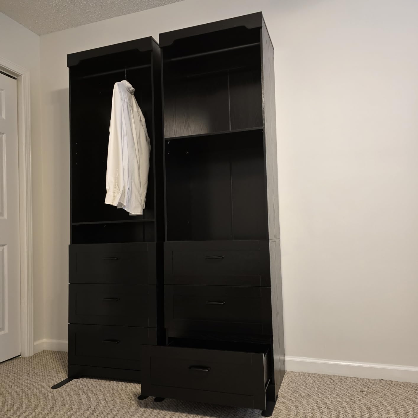 IRONCK Freestanding Closet System with 3 Wood Drawers, Modern Armoire Wardrobe with Adjustable Shelves & Hanging Rod, Walk-in Closet Systems Organizer, 31.5