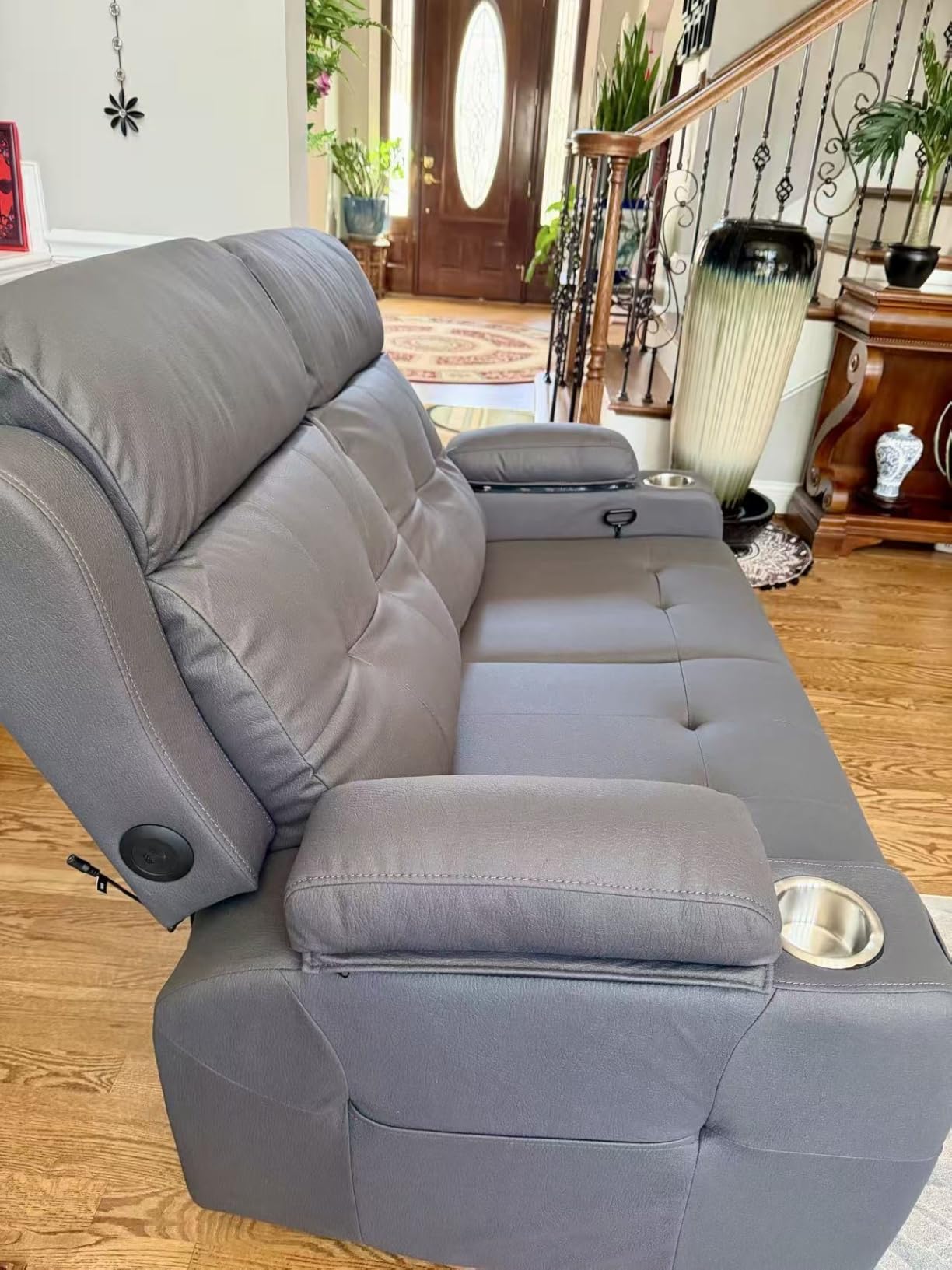 RV Loveseat Recliner Sofa, Wall Hugger Double Recliners with LED Light, USB, Pocket, Cup Holder, Massage Fabric Reclining Couch, 150° Sleeper Sofa customer photo 2