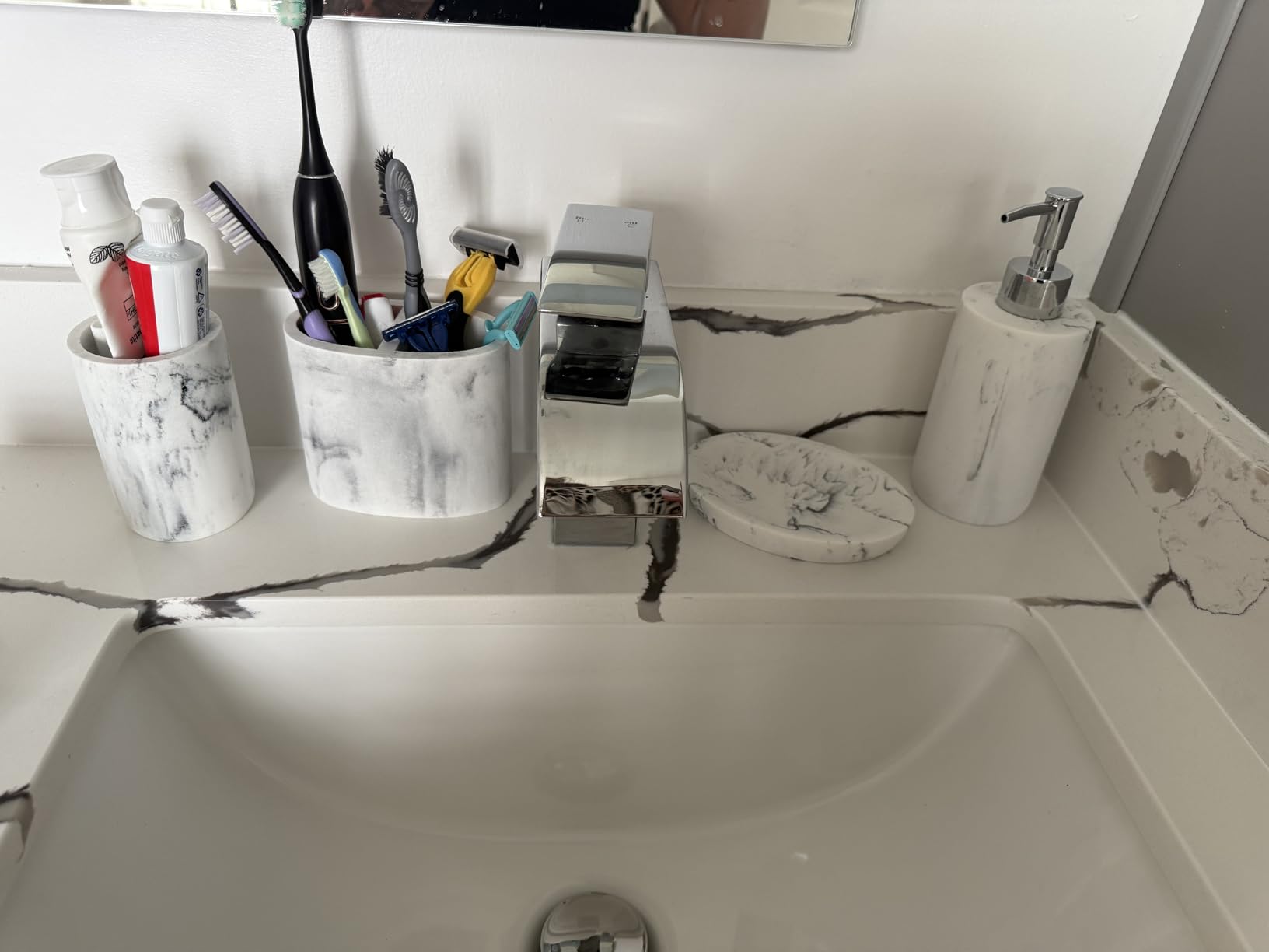 Bathroom Accessories Set, 4 Piece Travertine Stone Look Bathroom Accessory Set with Soap Dispenser, Toothbrush Holder, Vanity Tray, Tumbler, Bathroom Organizer for Modern Bathrooms - Beige customer photo 1