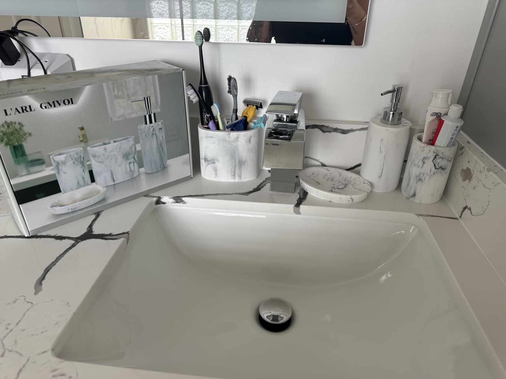 Bathroom Accessories Set, 4 Piece Travertine Stone Look Bathroom Accessory Set with Soap Dispenser, Toothbrush Holder, Vanity Tray, Tumbler, Bathroom Organizer for Modern Bathrooms - Beige customer photo 2
