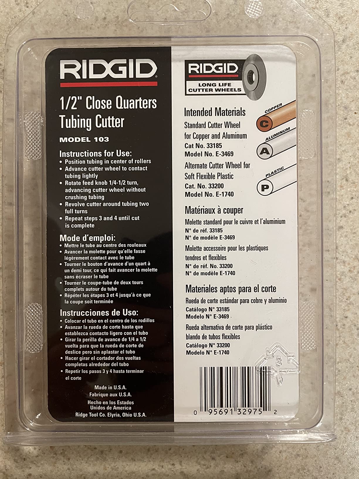 RIDGID 32975 Model 103 Close Quarters Compact Tubing Cutter for 1/8