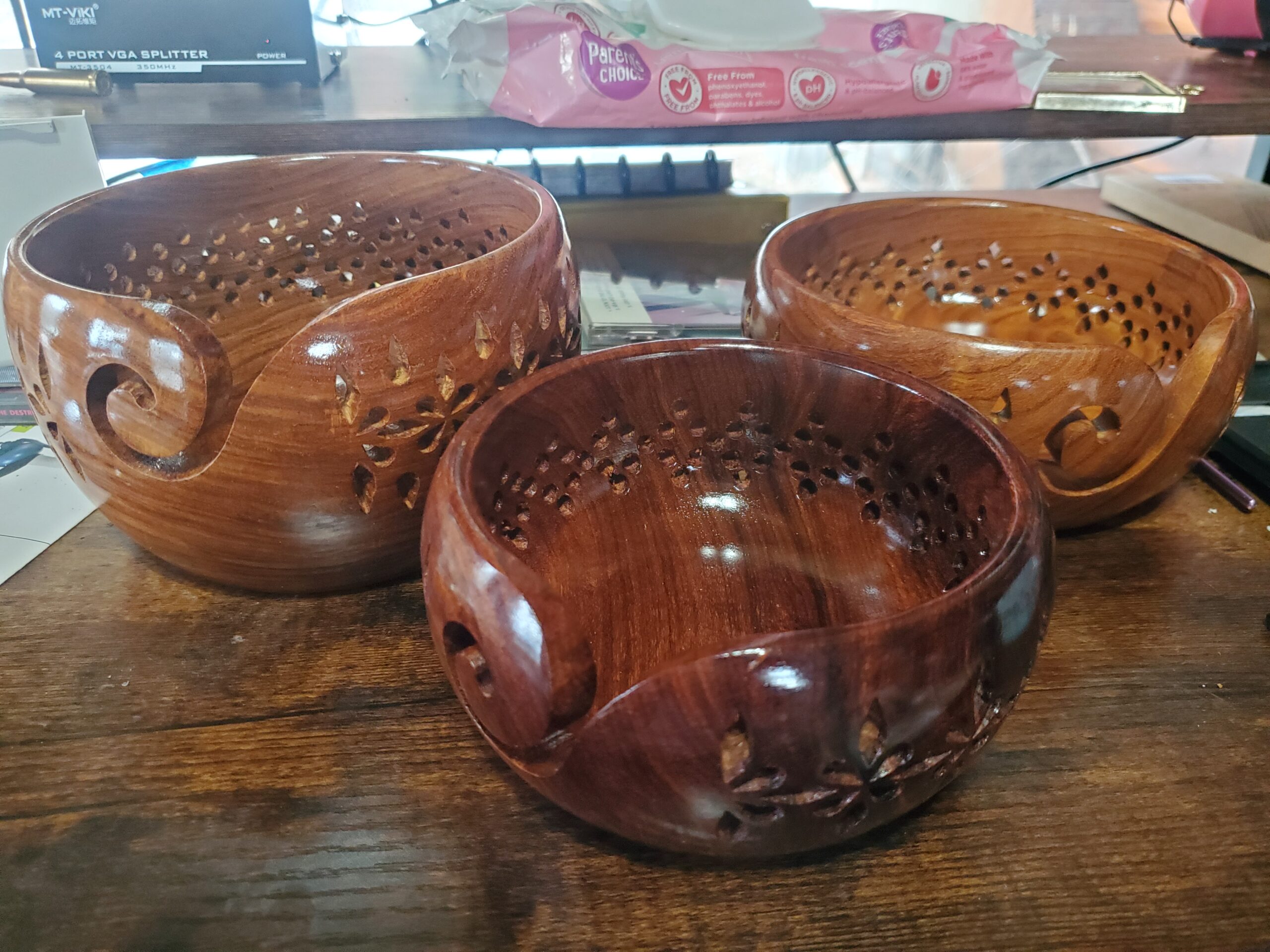 Nagina International Rosewood Crafted Wooden Yarn Storage Bowl With Carved Holes & Drills | Knitting Crochet Accessories (Large) customer photo 1