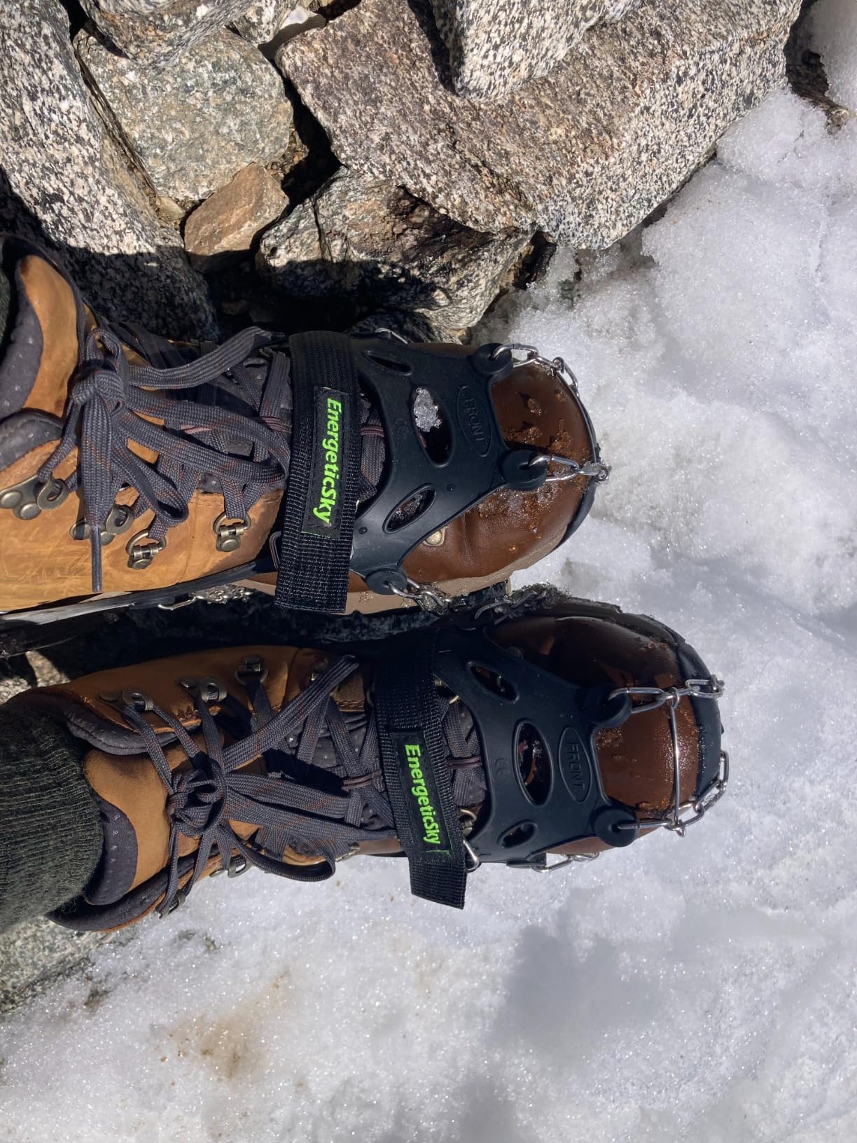 Upgraded Version of Walk Traction Ice Cleat Spikes Crampons,True Stainless Steel Spikes and Durable Silicone,Boots for Hiking On Ice & Snow Ground,Mountian. customer photo 1