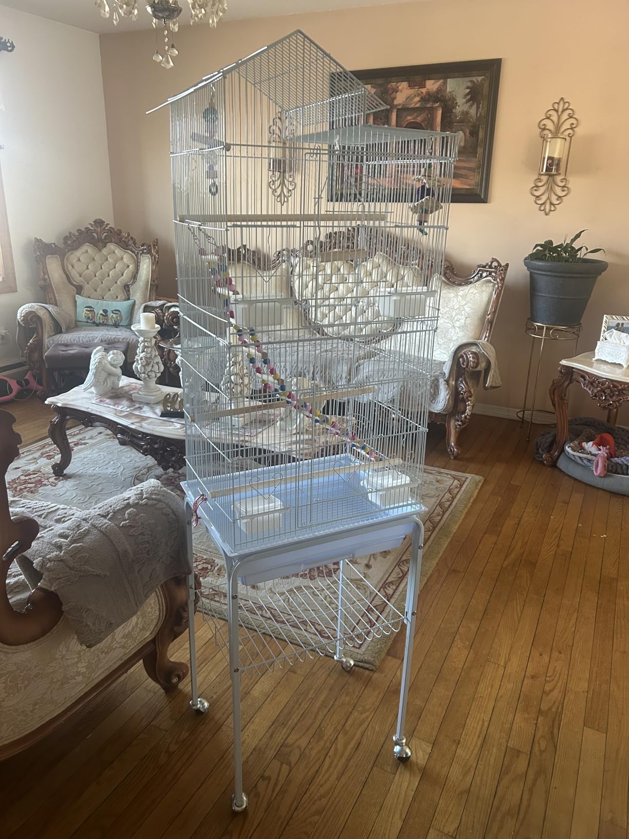 Yaheetech 62.5-inch Roof Top Flight Bird Cage for Parakeets Cockatiels Conures Finches Lovebirds Canaries Budgies Small Parrots, Large Birdcage with Detachable Rolling Stand, White customer photo 2