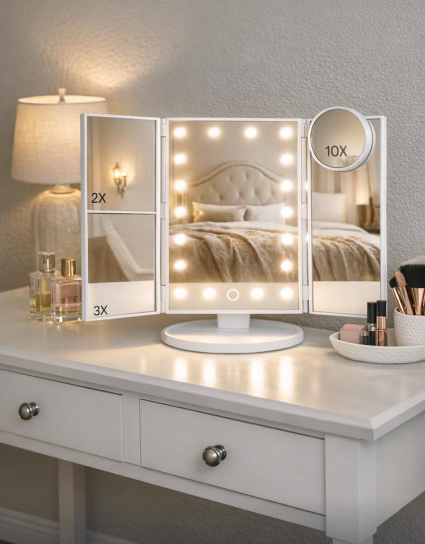 HUONUL Makeup Mirror, Gifts for Mom Mothers Day, Vanity Mirror with Lights, 2X/3X/10X Magnification, Touch Control, Trifold, Dual Power Supply, Birthday Gifts for Women, Girls, Dorm Room Essentials customer photo 2