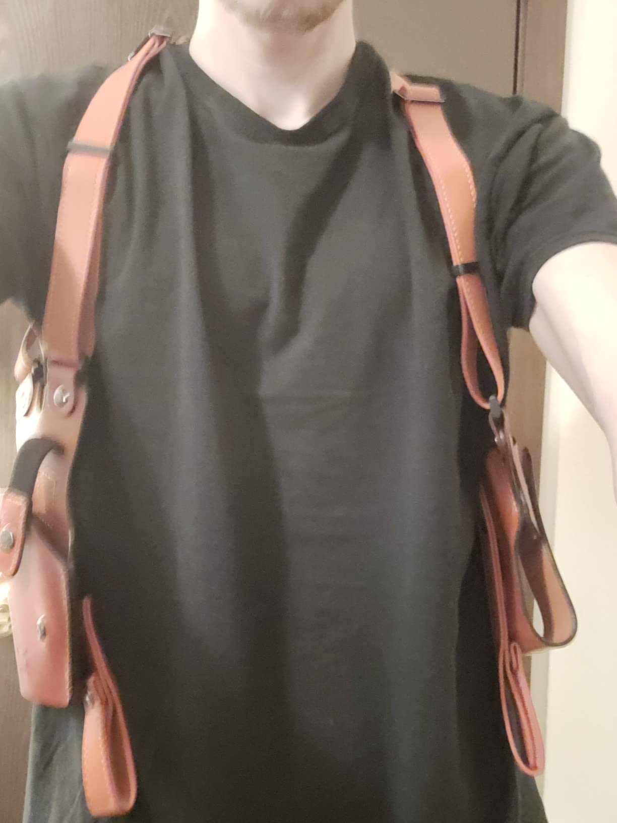 Universal Leather Shoulder Holster Compatible with Glock 17/19, 1911, Taurus G2C/G3C, M&P 9, Sig P220/P226, 92FS, and More, Vertical Concealed Holster with Double Mag Holster, Right Hand customer photo 2