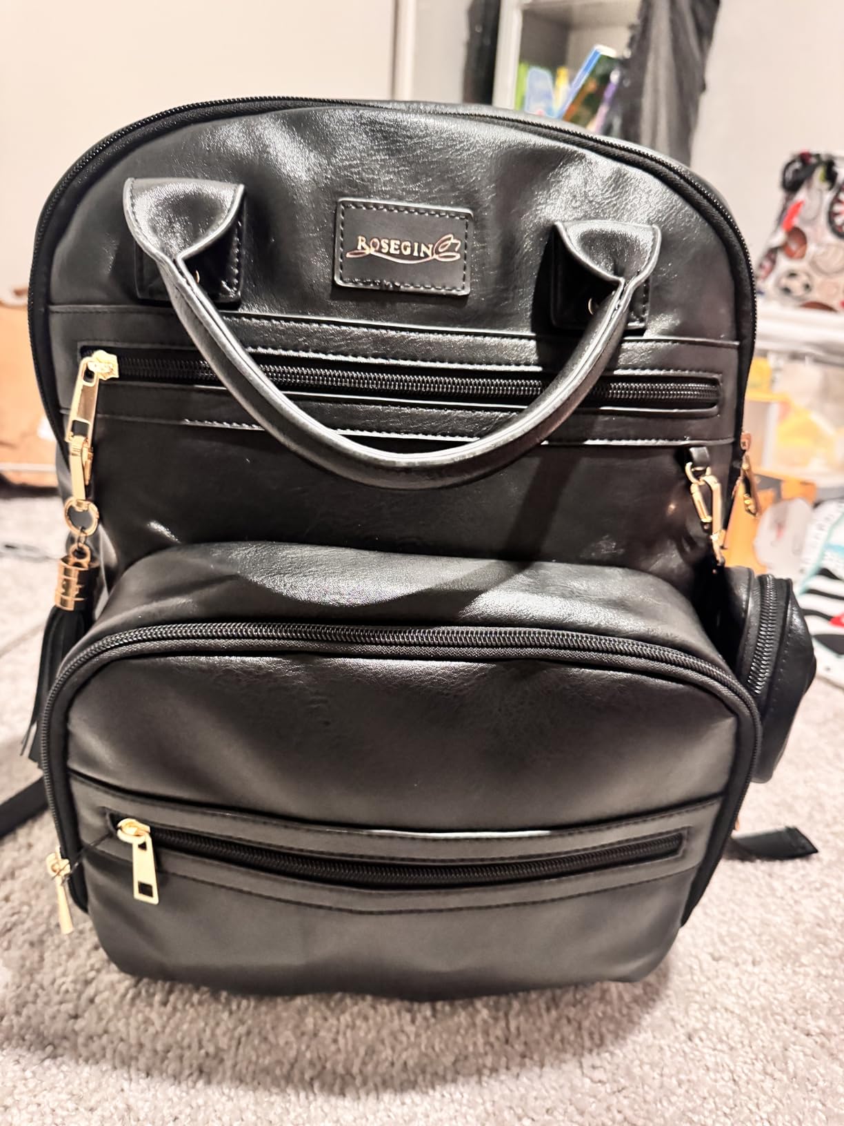 ROSEGIN Premium Vegan Leather Diaper Bag Backpack with Waterproof Changing Pad, Reinforced Zippers & Odor-Free, 20 Pockets Pro Organizer, Fits 15.6