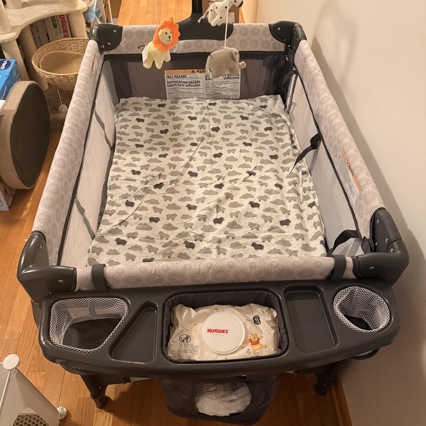 ELEMARA 4 in 1 Baby Bassinet Bedside Crib with Diaper Changer, Mattress, 1-Second Set up Bedside Bassinet with 3 Adjustable Height, Portable Crib with Storage/Toy Bar/Zip Door customer photo 1