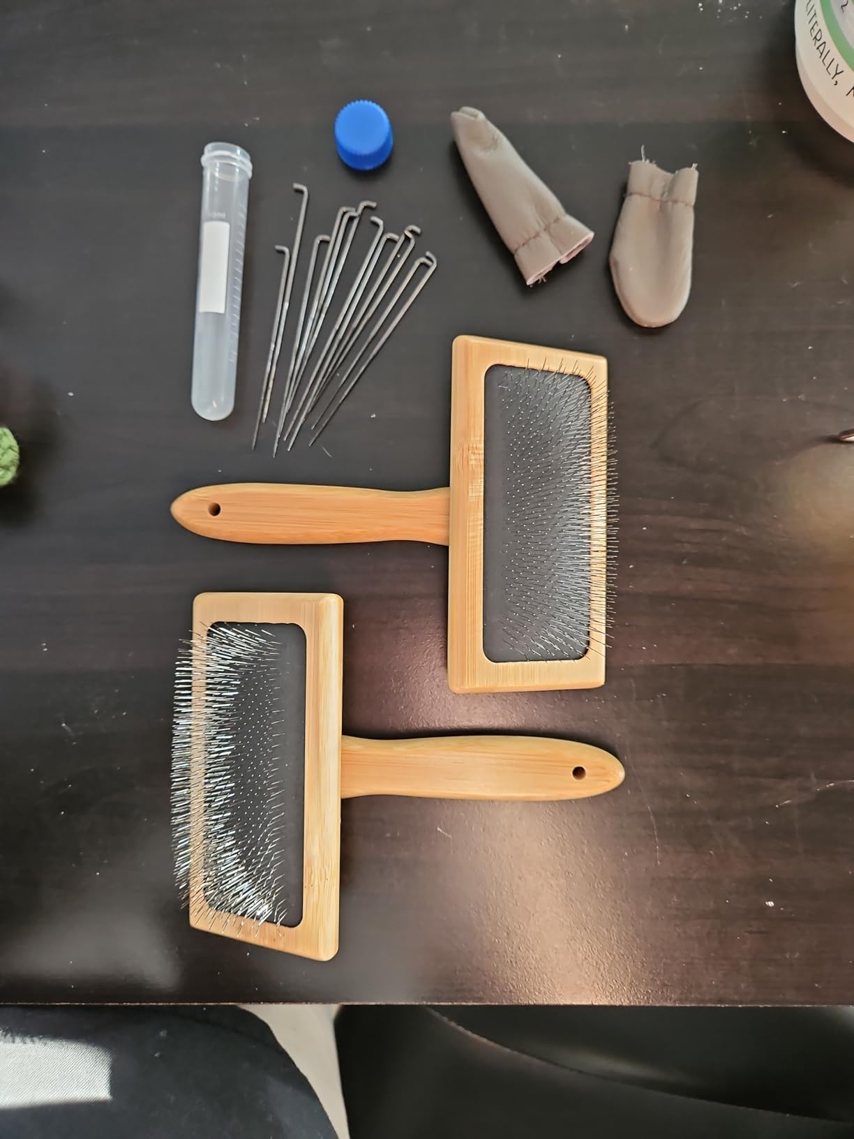 kdafio 2 Pcs Wooden Wool Carders, Wool Carder Brush for Wool Needle Felting Brush Wool Carders Needle Felting with Needle Leather Finger Protector for DIY Projects customer photo 1