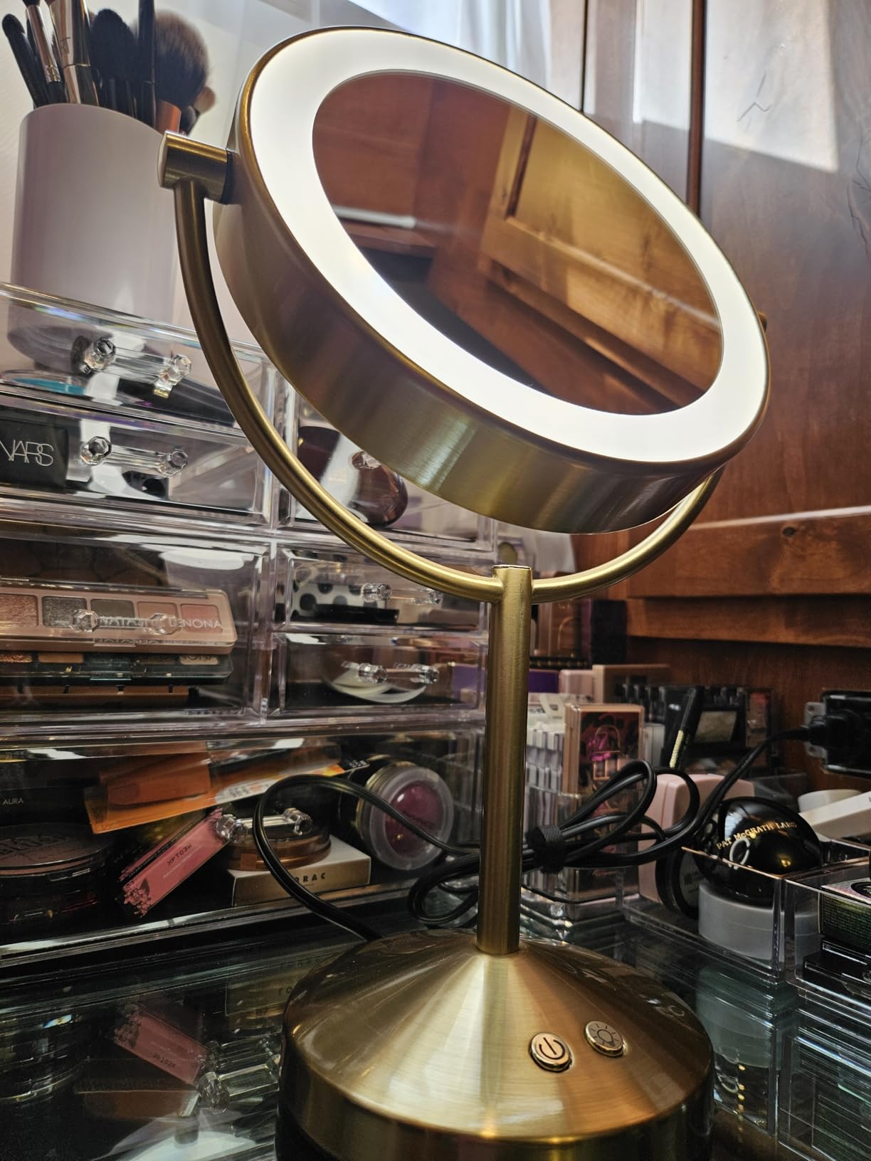 Conair Lighted Makeup Mirror, Double-Sided LED Vanity Mirror with 1X/10X Magnification, 3 Light Settings, 3 Modes, 360° Rotation, Satin Nickel Finish customer photo 2