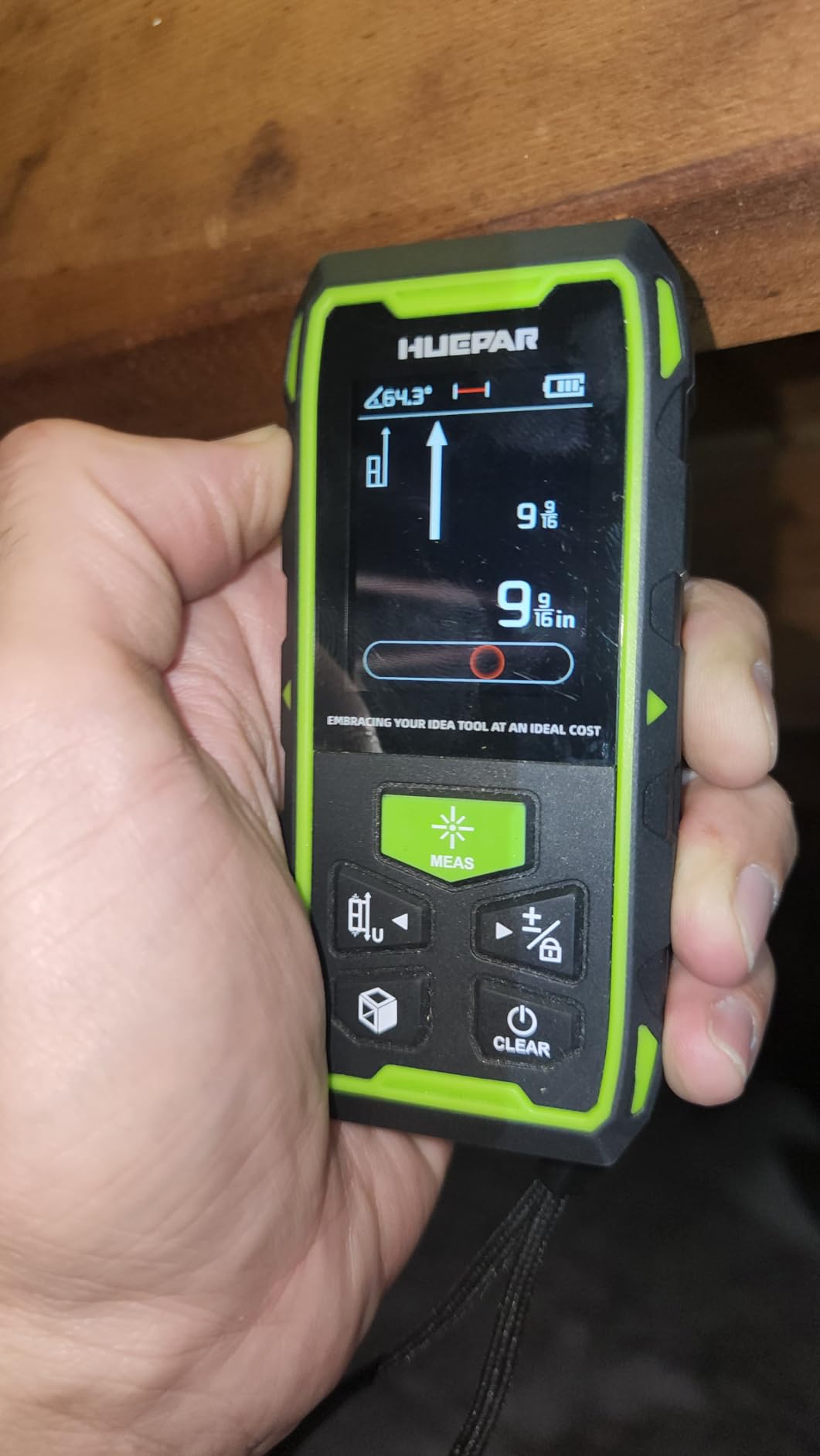 Huepar Dual Laser Measuring Tool, 393Ft Green-Beam Bilateral Digital Laser Distance Measure 6 Units Ft/in/M, Rechargeable Laser Measurement Tool -Backlit LCD Display, Length/Area/Volume/Angle Sensor customer photo 1