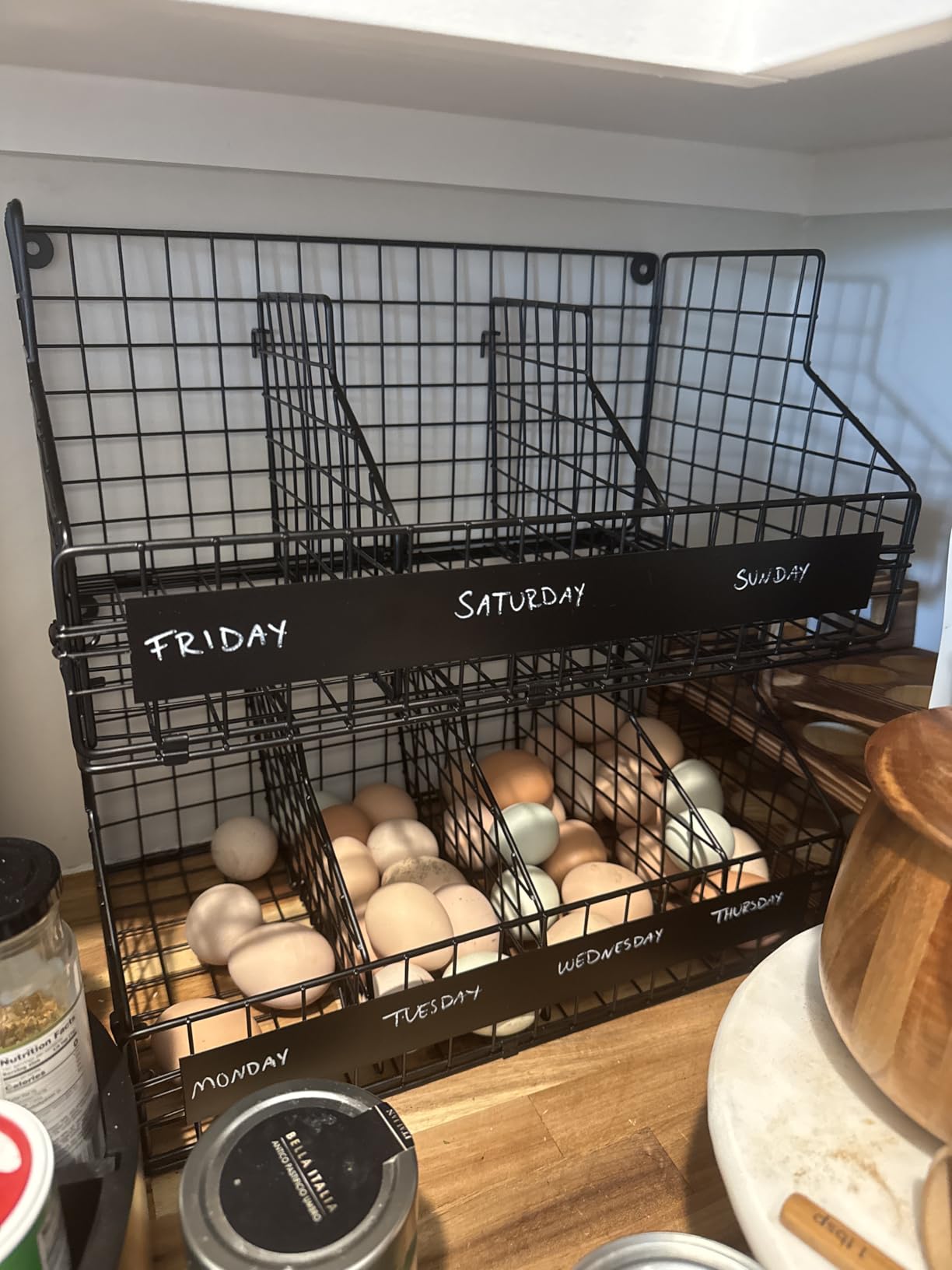 keomaisyto Egg Holder Countertop with 5 Dividers & DIY Nameplate to Separate Eggs, 3 Tier Stackable Wire Storage Baskets for Gathering Fresh Eggs, XXL Large Egg Rack, Wall-Mounted (Patent Pending) customer photo 1