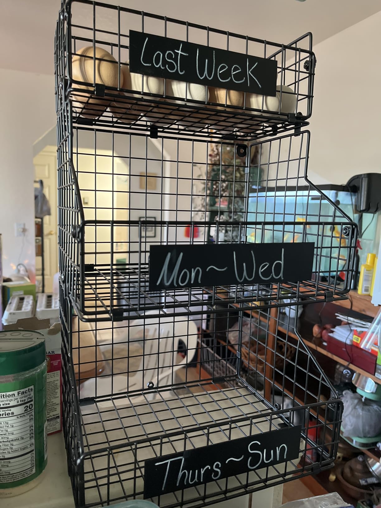 keomaisyto Egg Holder Countertop with 5 Dividers & DIY Nameplate to Separate Eggs, 3 Tier Stackable Wire Storage Baskets for Gathering Fresh Eggs, XXL Large Egg Rack, Wall-Mounted (Patent Pending) customer photo 2