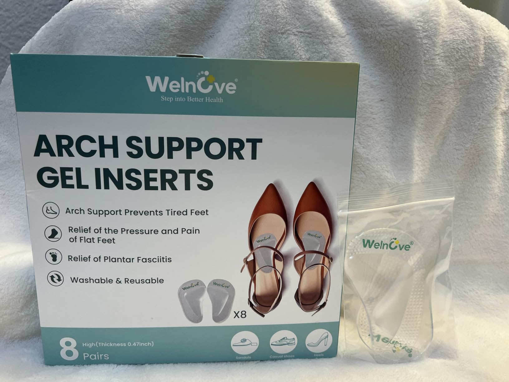 Arch Support Inserts Flat Feet - Welnove 8-Pair Gel Arch Support Insoles for Plantar Fasciitis, Foot Pain Fatigue Relief - Soft Heel Pads Adhesive Fit Most Shoes, Men Women, 0.47