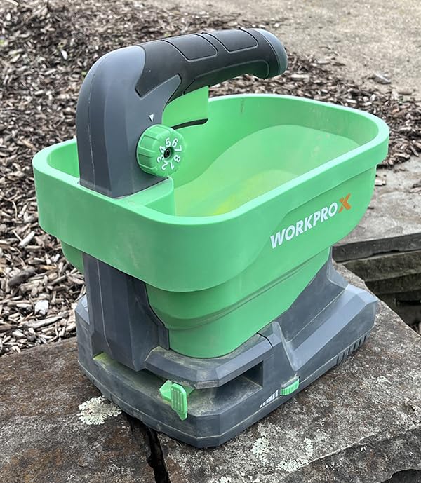 WORKPROX Battery Powered Fertilizer Spreader, 7.2V Seed Spreader for Salt, De-Icer, Earth Food, Rechargeable Grass Seed Spreader with 8-Level Settings customer photo 1