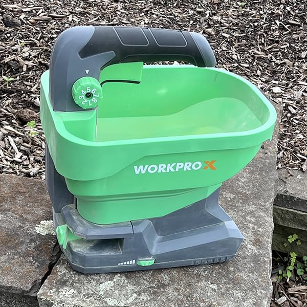 WORKPROX Battery Powered Fertilizer Spreader, 7.2V Seed Spreader for Salt, De-Icer, Earth Food, Rechargeable Grass Seed Spreader with 8-Level Settings customer photo 2