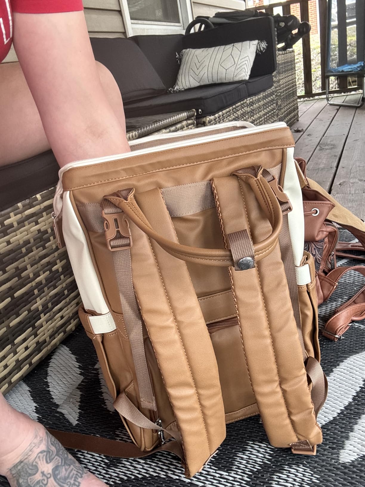 BabbleRoo Leather Diaper Bag Backpack, Multifunction Large Bags with Changing Pad & Stroller Straps & Pacifier Case, Unisex Stylish Travel Back Pack Nappy Changing Bag for Moms Dads (Caramel Cream) customer photo 2