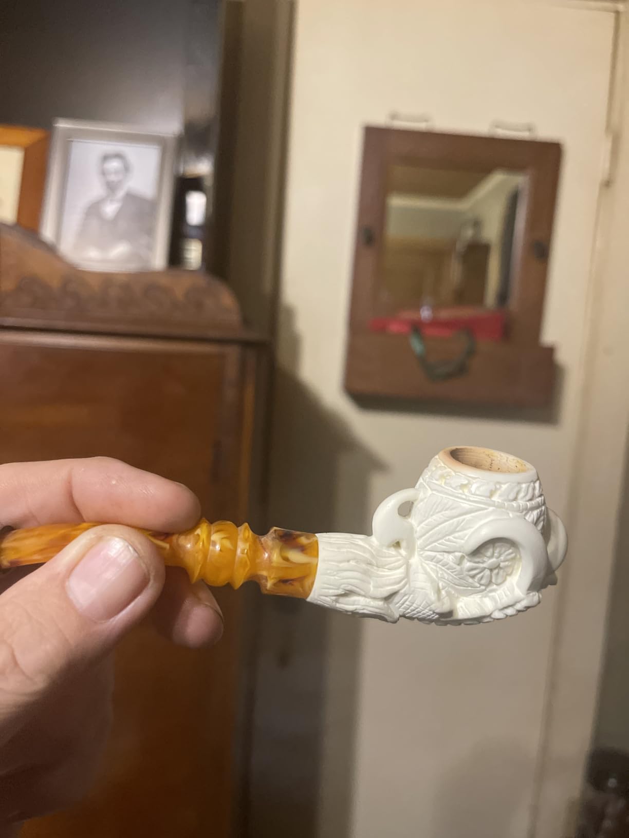 Eagle Claw Design, Handcrafted Block Meerschaum Pipe, Amber-Colored Stem with Box customer photo 1