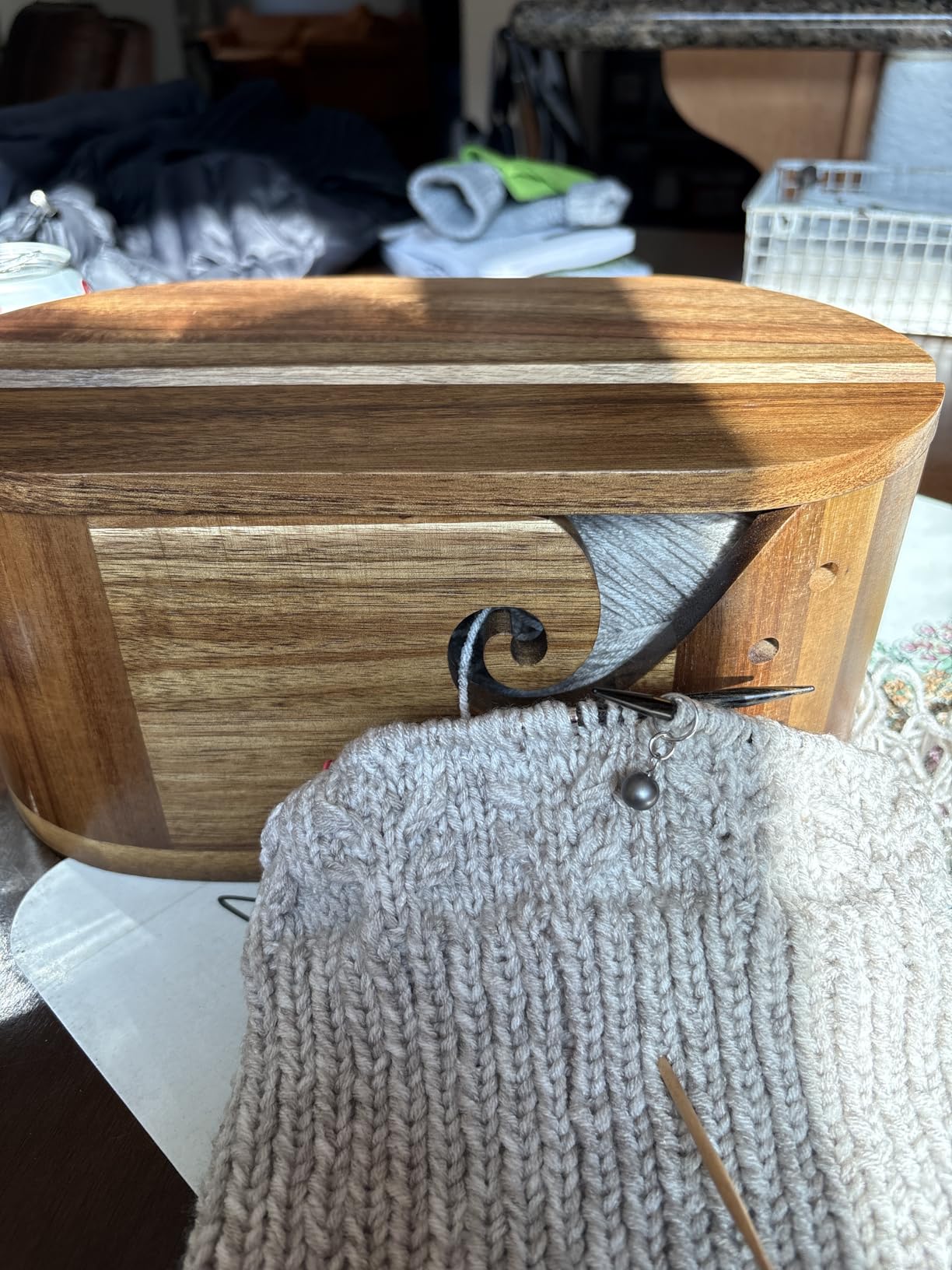 Oval Yarn Bowl, Crochet Yarn Holder with 9pcs Knitting Hooks, Yarn Storage Crochet Bowl Knitting Gift for Crocheters, Large Yarn Bowl Acacia Wooden 11.3x5.9x4.7inch (Acacia Yarn Bowl with Lid) customer photo 2
