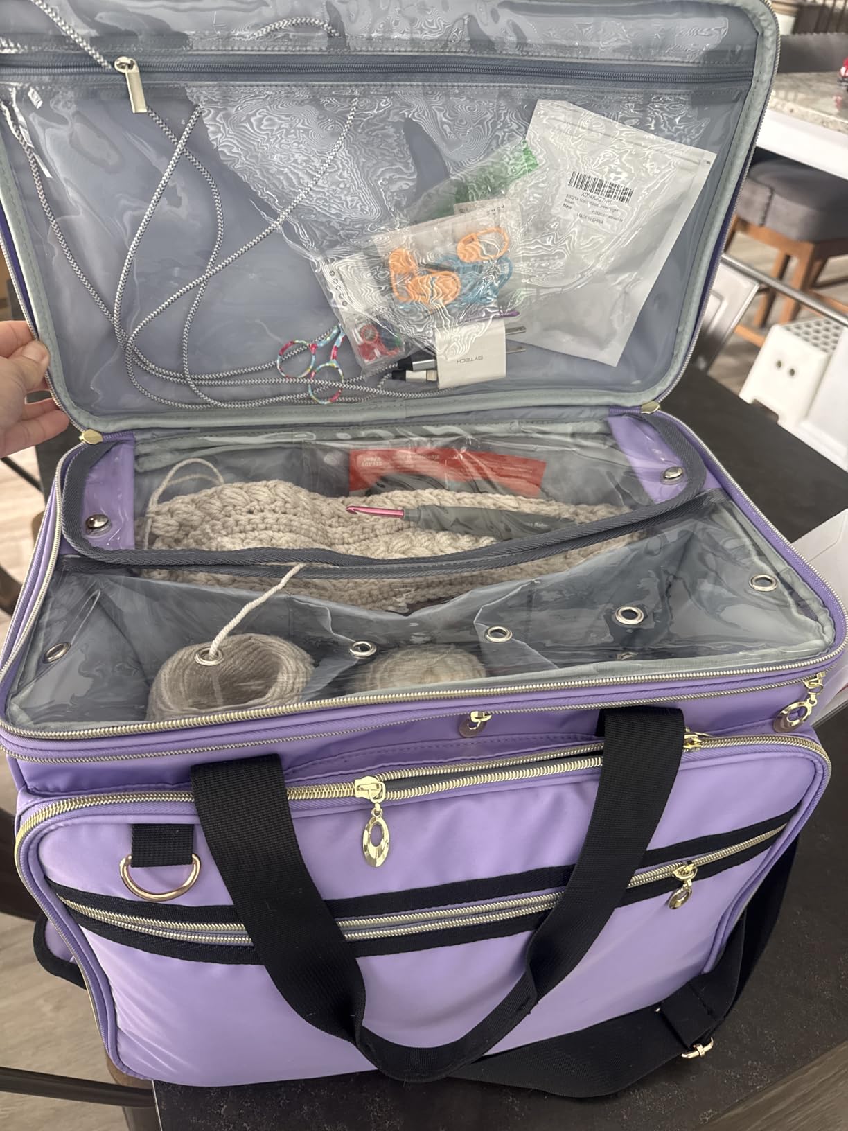Anitor Large Crochet Bag Knitting Bag Yarn Storage Tote, Yarn Bag with Clear Top Lid, Unfinished Project Compartment, 6 Yarn Holes, Holds Knitting Needles, Crochet Hooks, Yarn, Purple, (Bag Only) customer photo 1